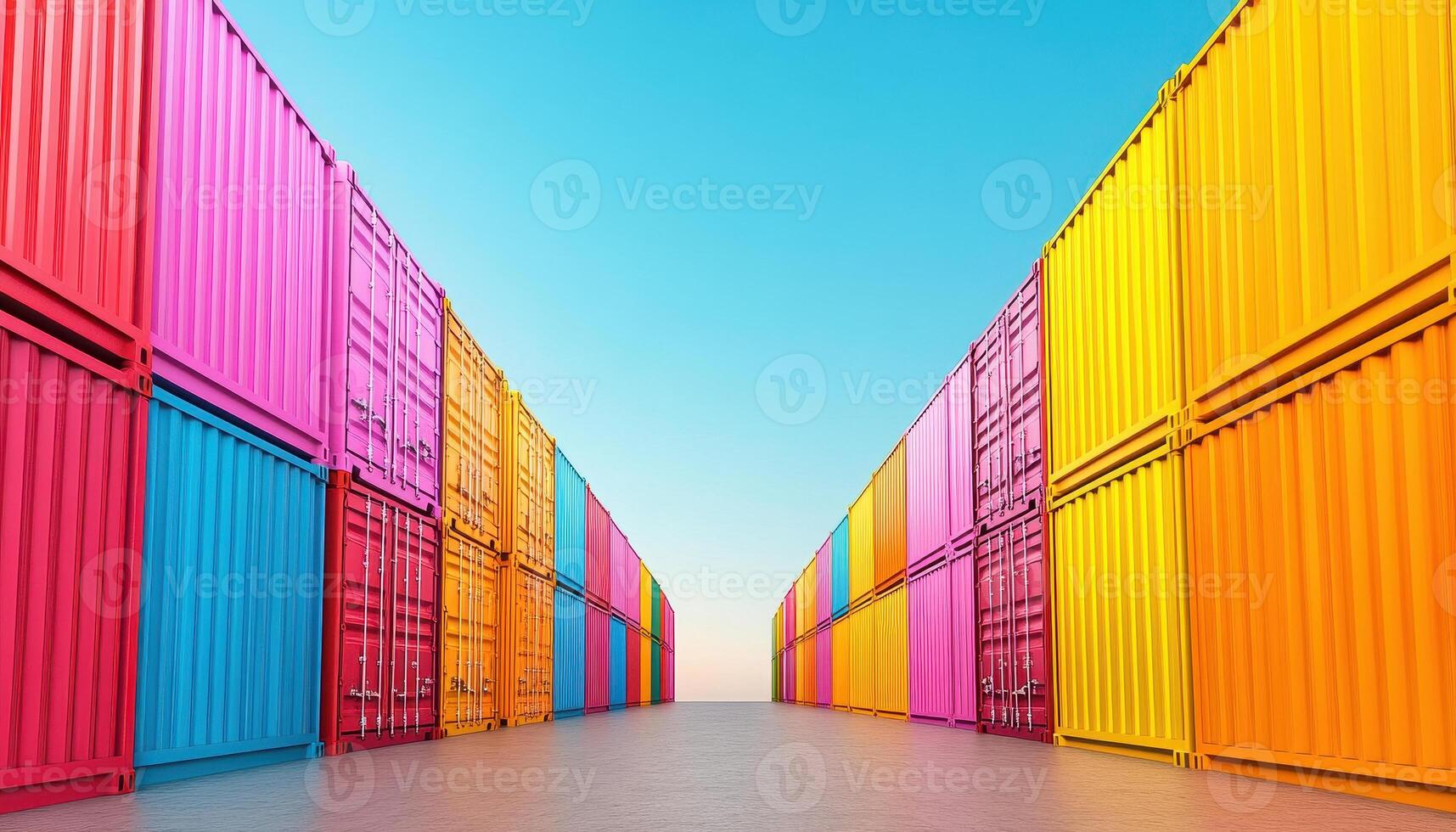 Colorful shipping containers create vibrant scene under clear blue sky, showcasing modern industrial environment. arrangement highlights contrast of colors and shapes photo