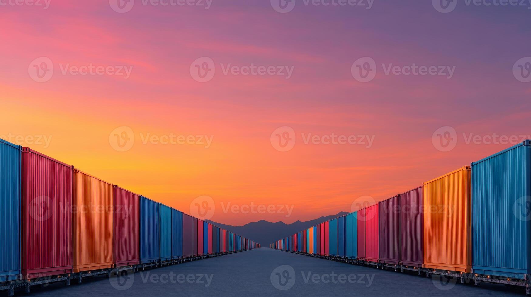 Rows of colorful shipping containers at sunset, creating vibrant landscape. warm hues of sky contrast beautifully with containers, evoking sense of tranquility and order photo