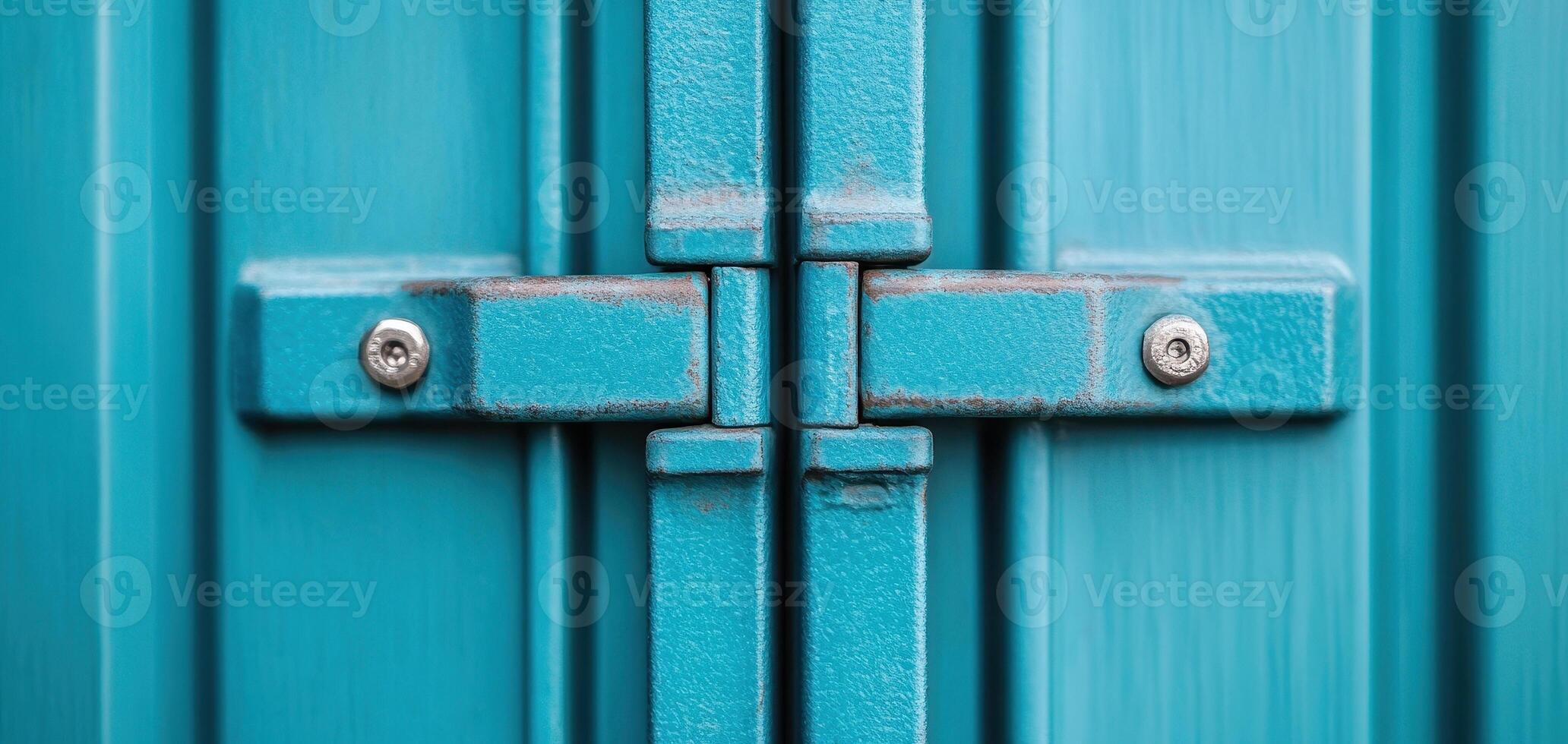 close up view of turquoise industrial door hinge, showcasing its texture and details. vibrant color and metallic elements create striking visual contrast, emphasizing craftsmanship photo