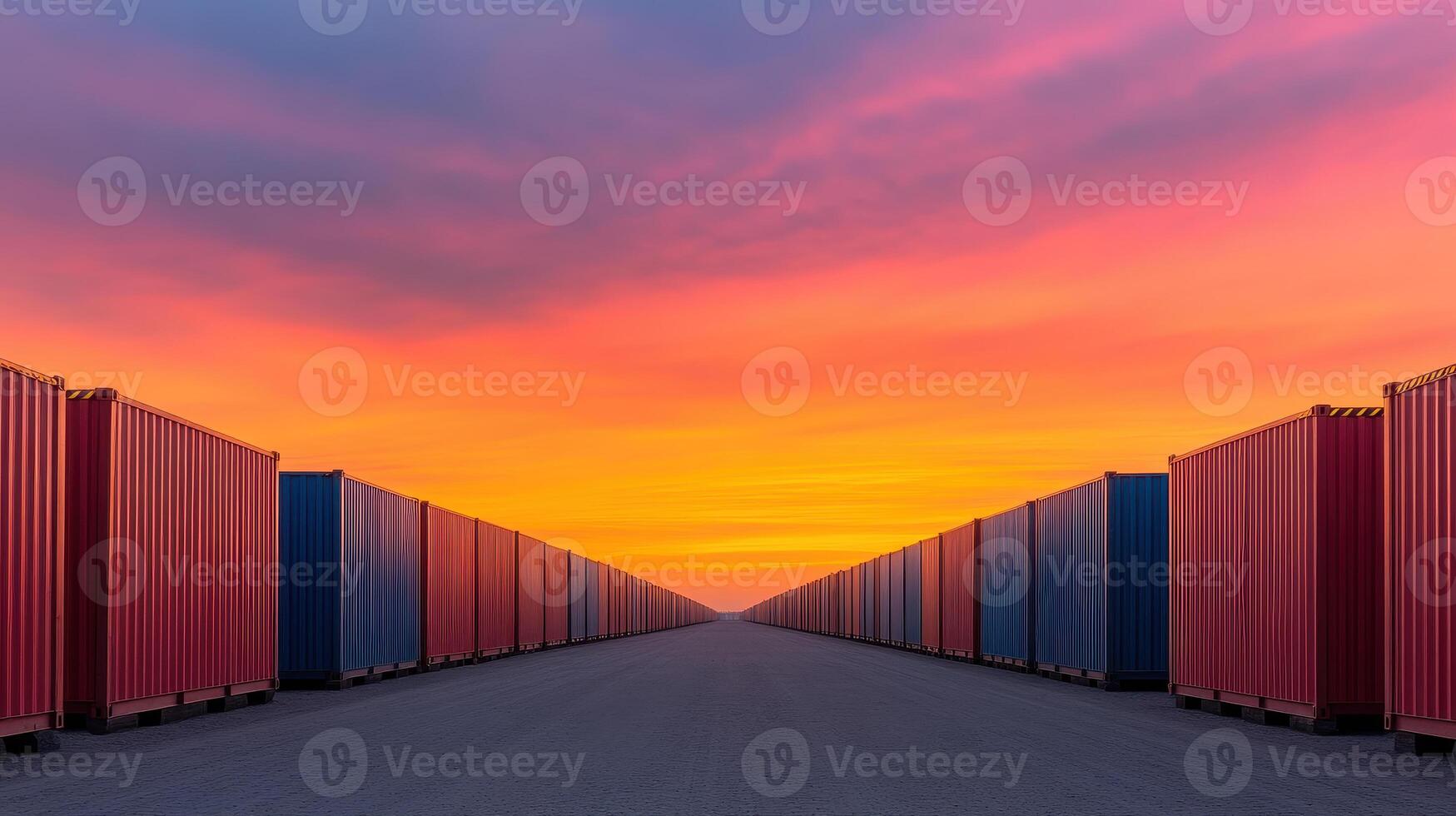 Rows of colorful shipping containers under vibrant sunset sky create striking visual. scene captures essence of industrial transport and logistics, evoking sense of calm and order photo