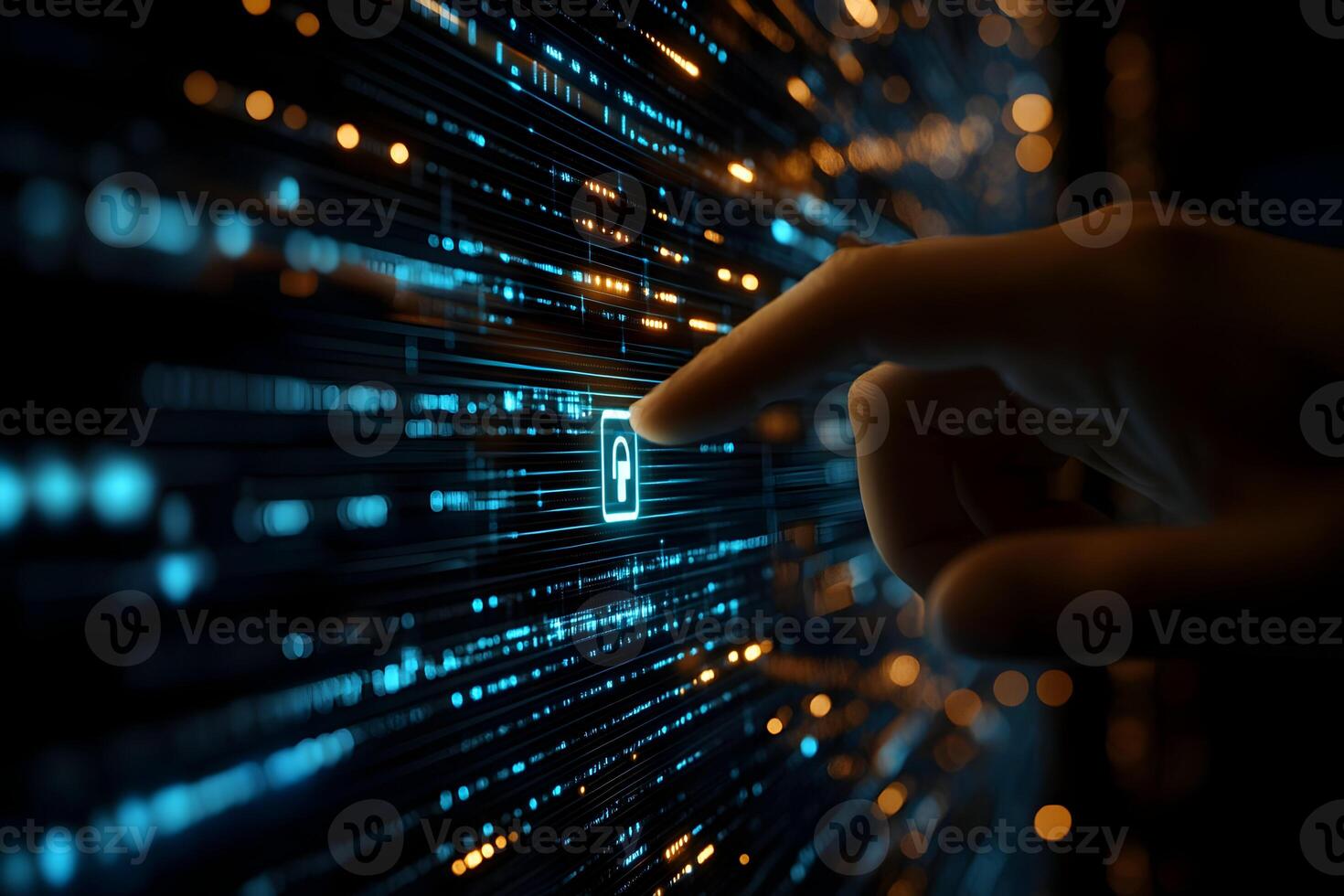 Finger pointing at a digital lock icon on a futuristic screen. photo