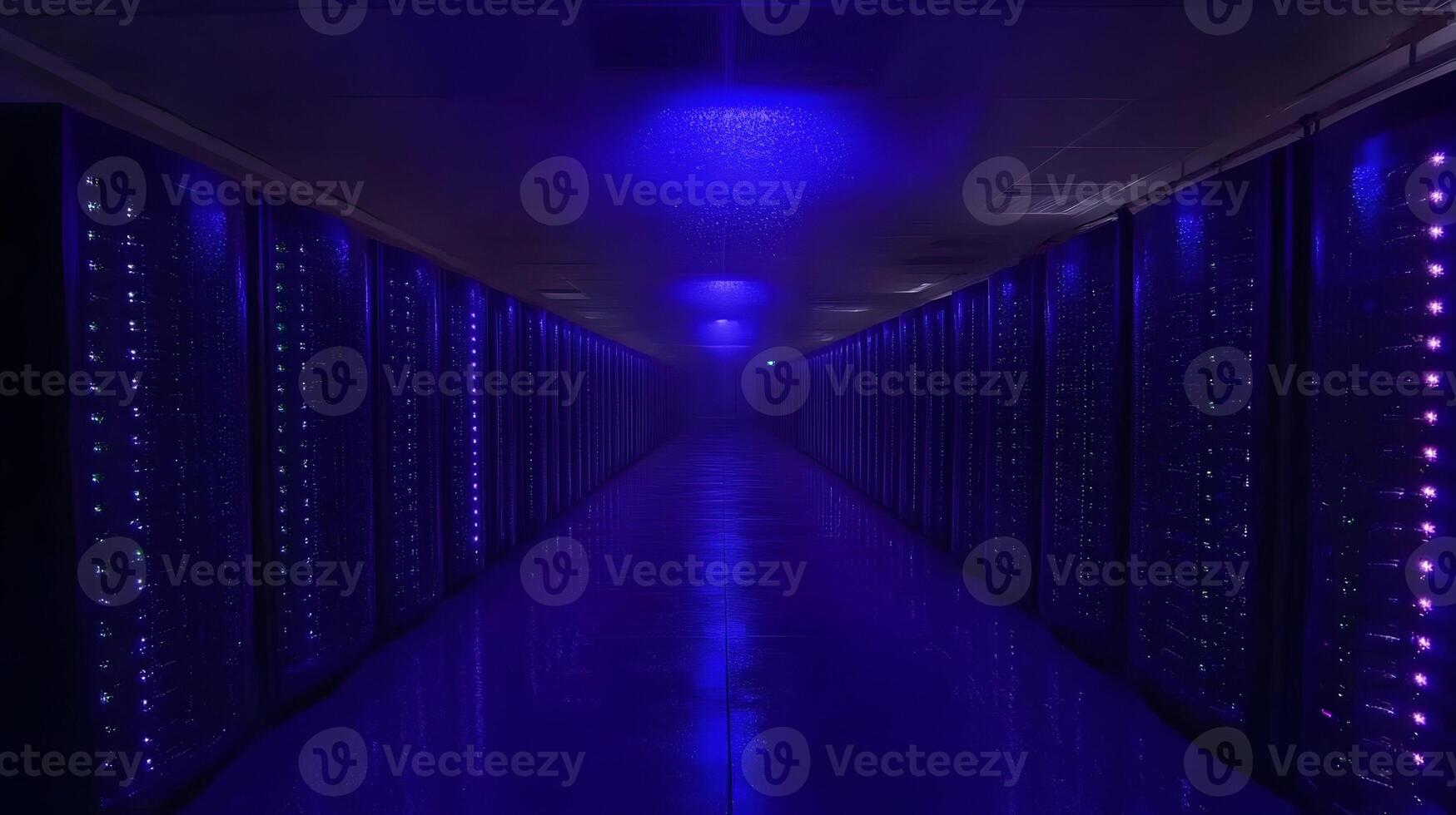 Dark server room with rows of computer servers lit with blue lights. photo