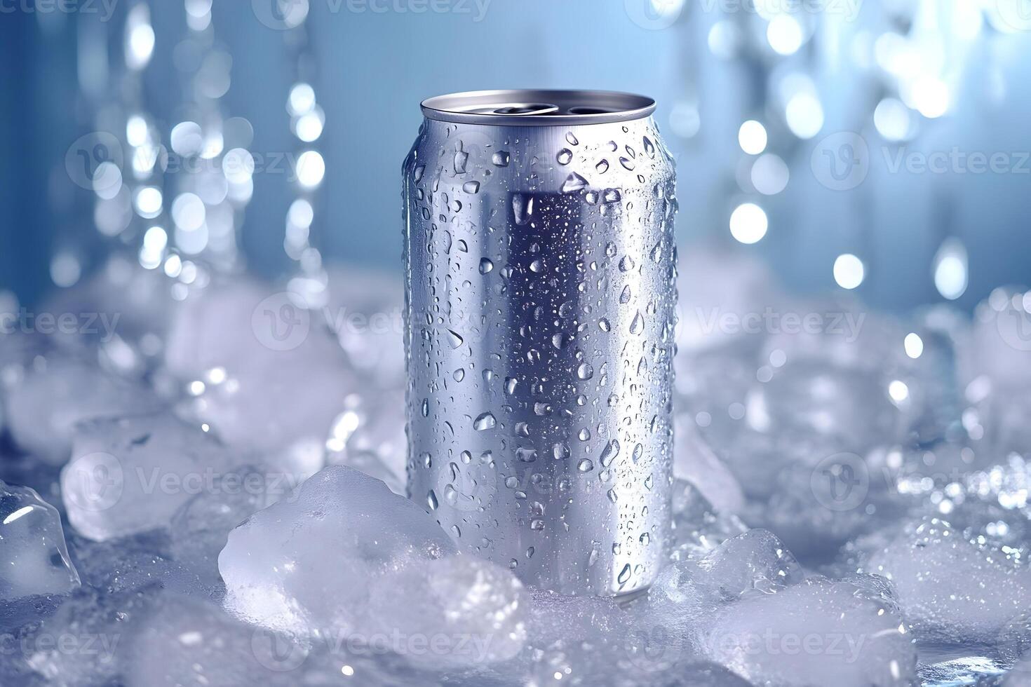 Cold aluminum can covered in condensation, surrounded by ice. photo