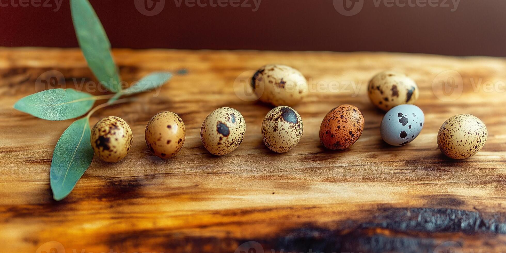 Quail eggs arranged with willow branches on a rustic wooden surface photo