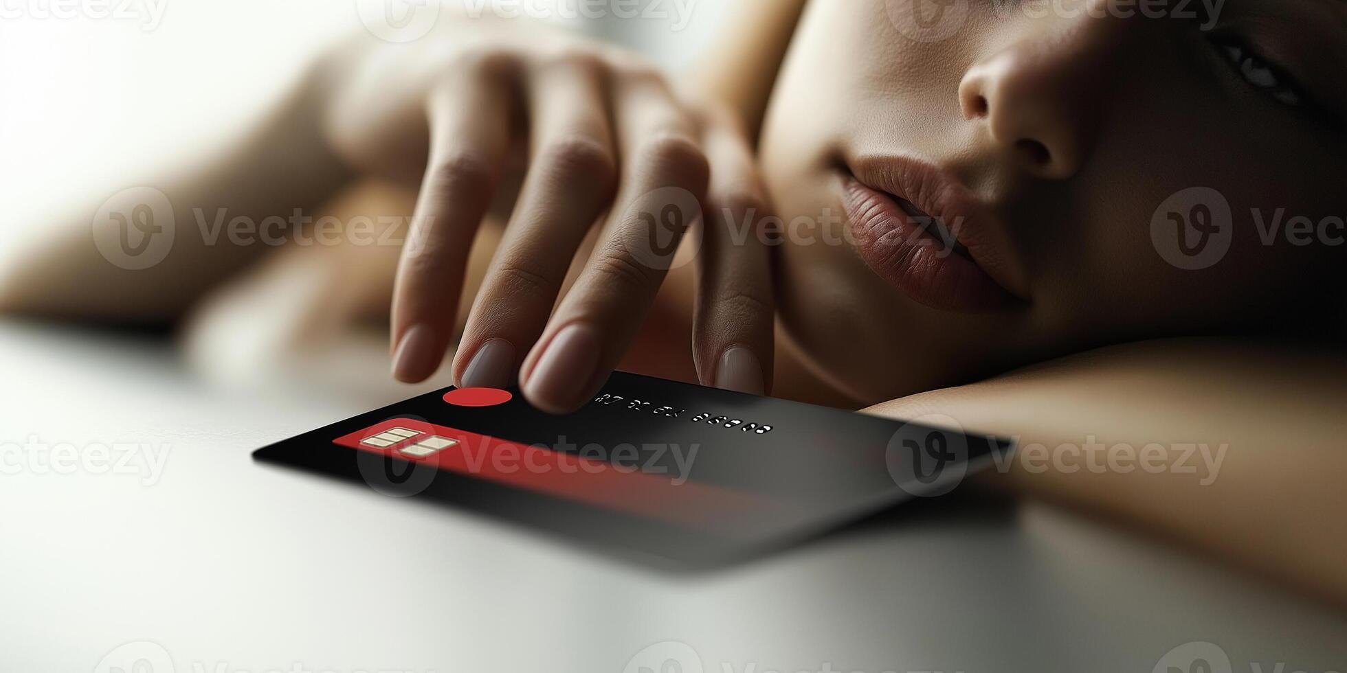Hand holding a bank card on a plain background with soft light and focused details photo