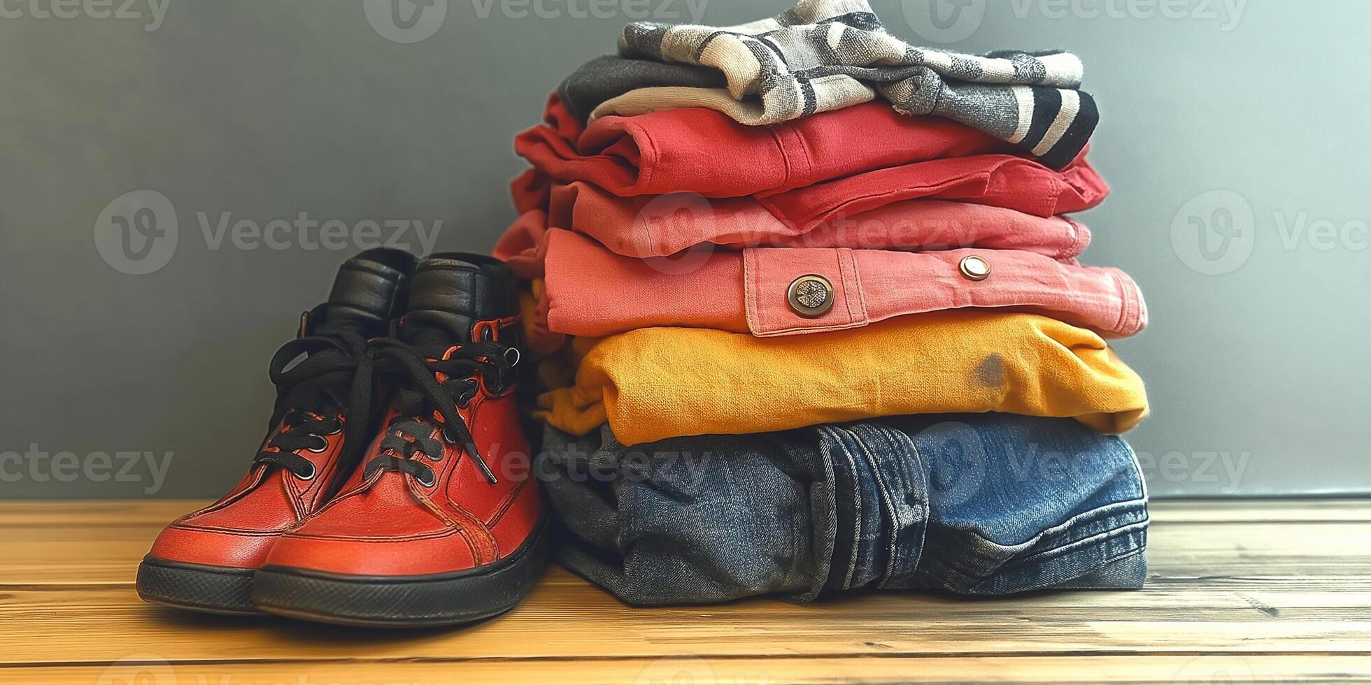 Summer clothes neatly folded and organized with shoes displayed against a light gray backdrop photo
