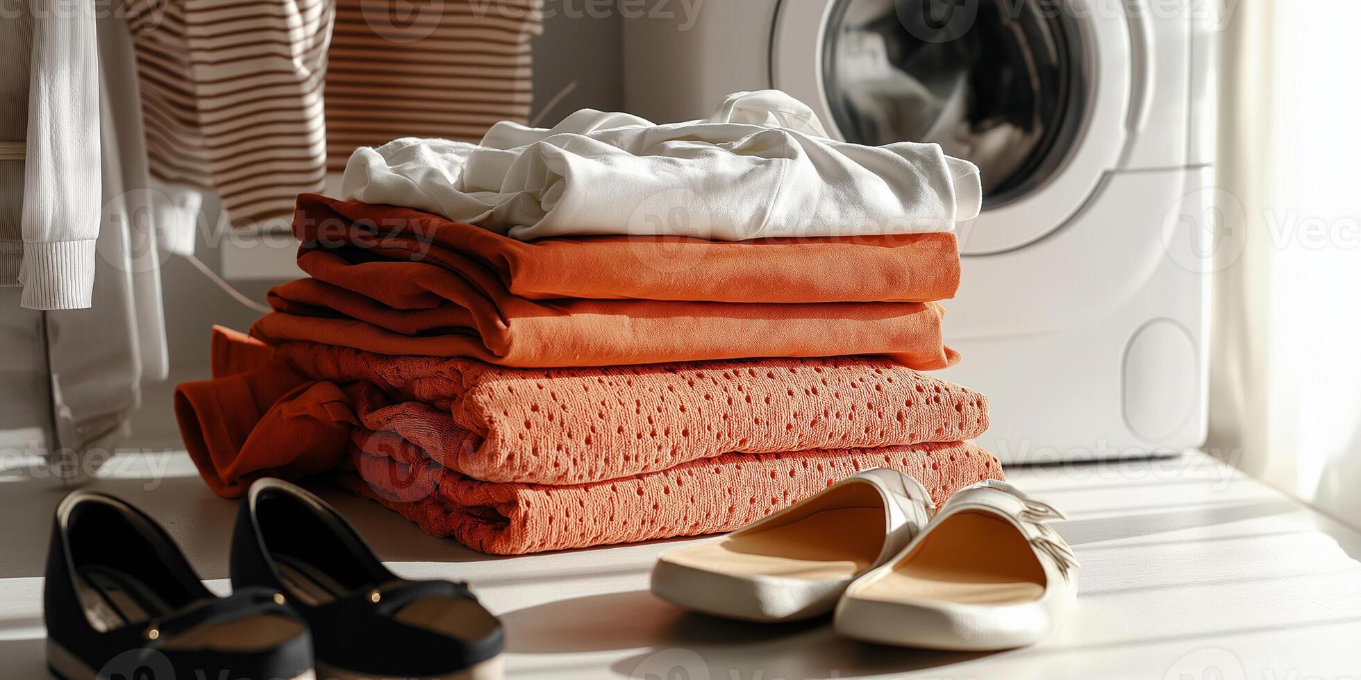 Neatly folded summer clothes and shoes arranged by a washing machine on a light gray background photo