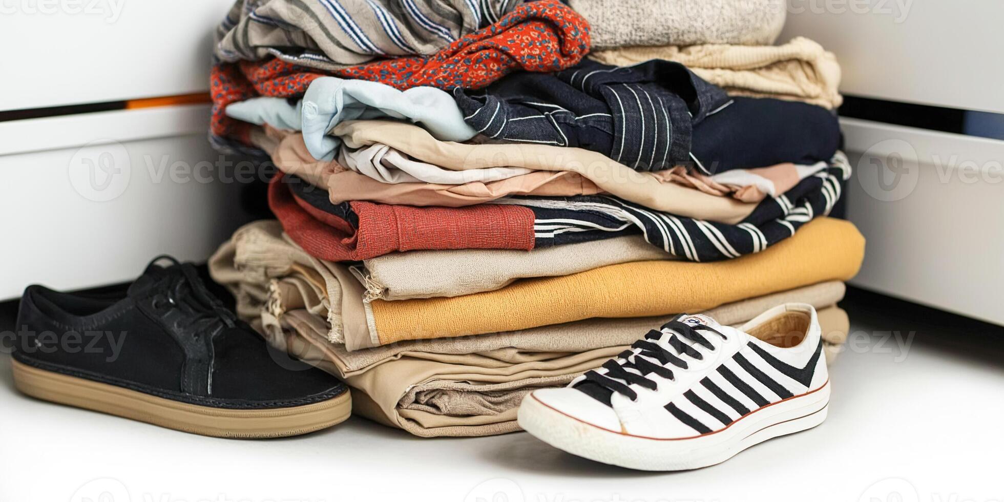 Pile of neatly folded summer clothes with shoes on light gray background photo