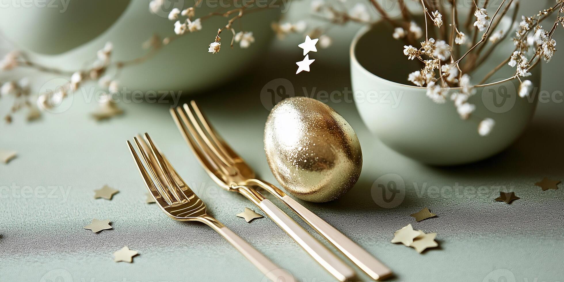 Celebrate Easter with gold cutlery, confetti, and softly colored eggs on a rustic green backdrop photo
