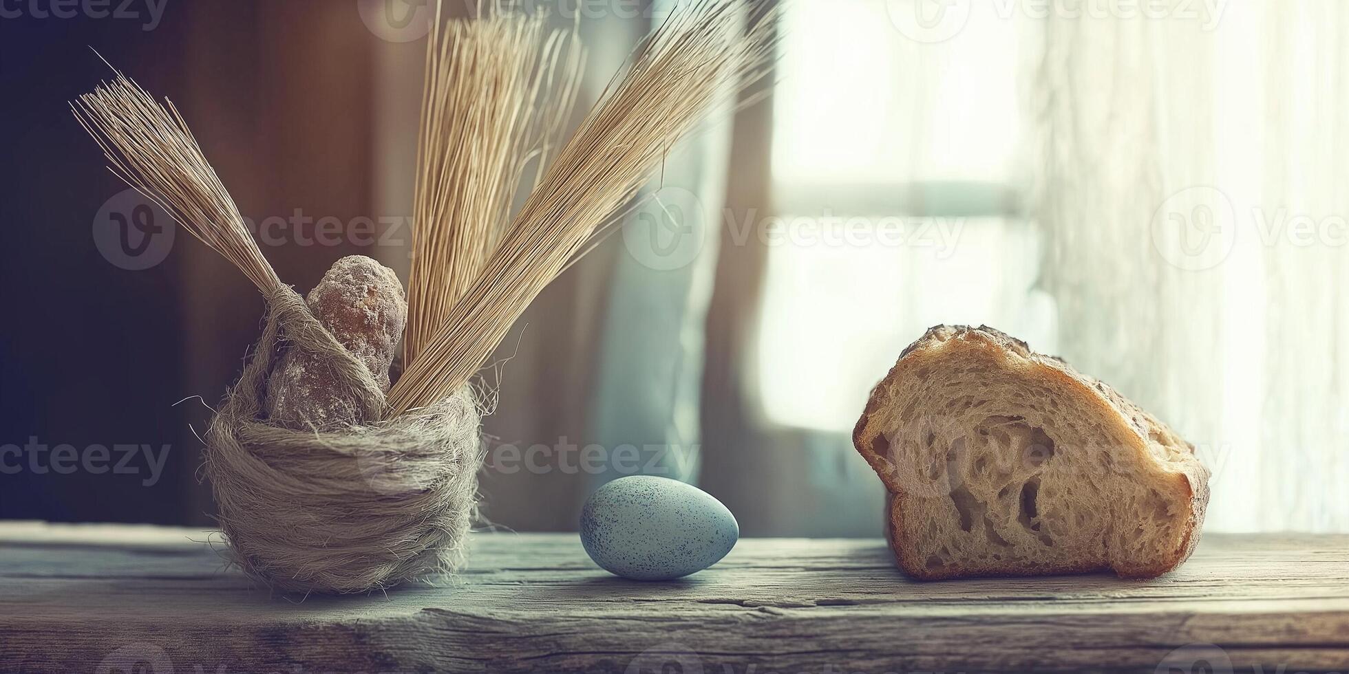 Easter bread and decorations on a rustic table celebrating spring tradition photo
