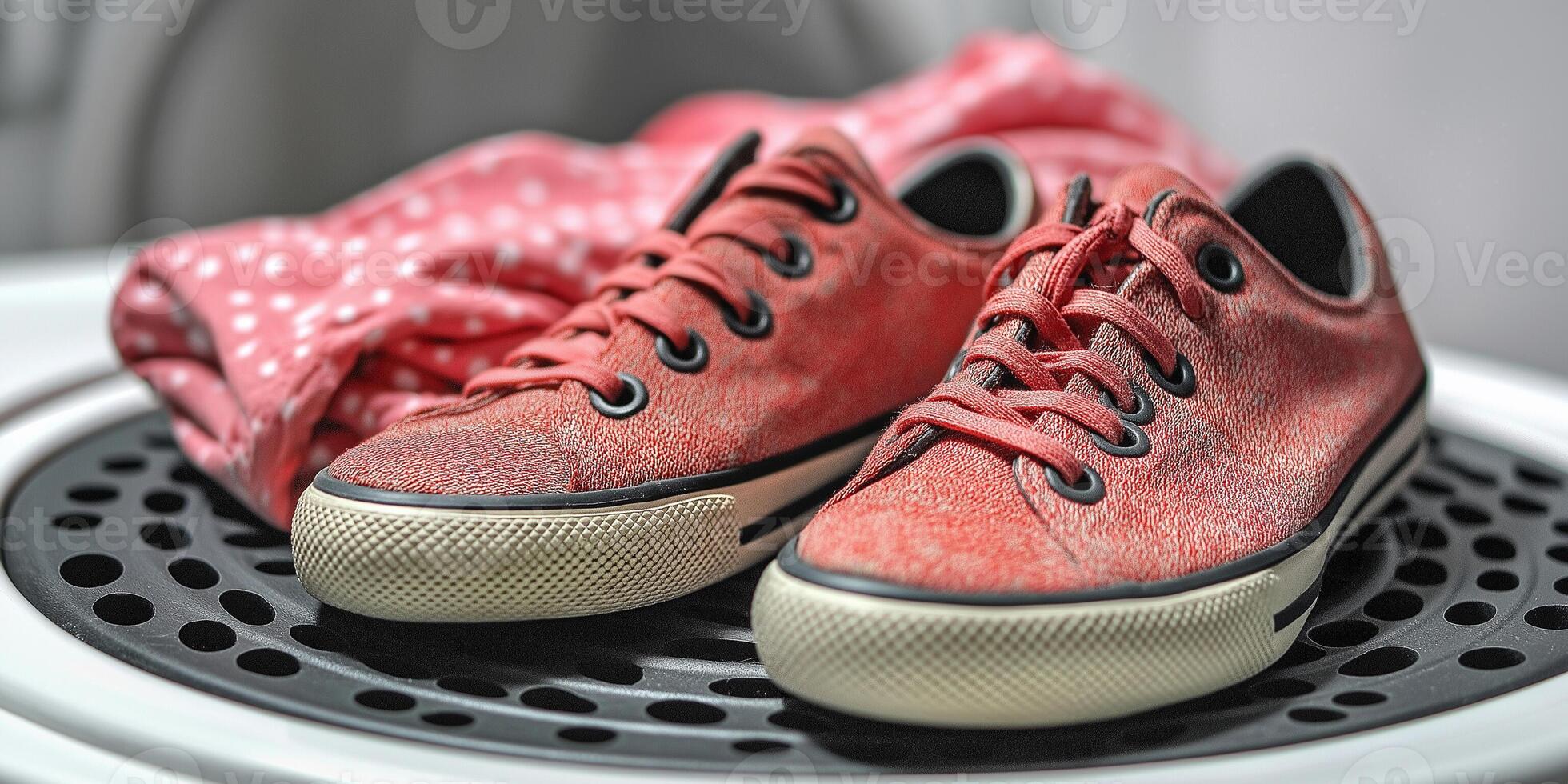 Neatly folded summer clothes and shoes arranged on a light gray background photo
