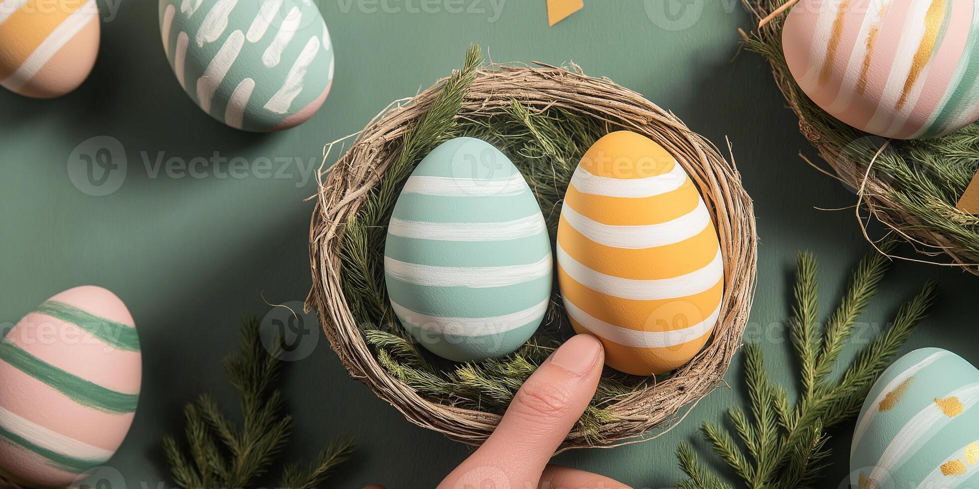 Hand painted pastel eggs in a rustic basket on an olive background with decorative elements photo