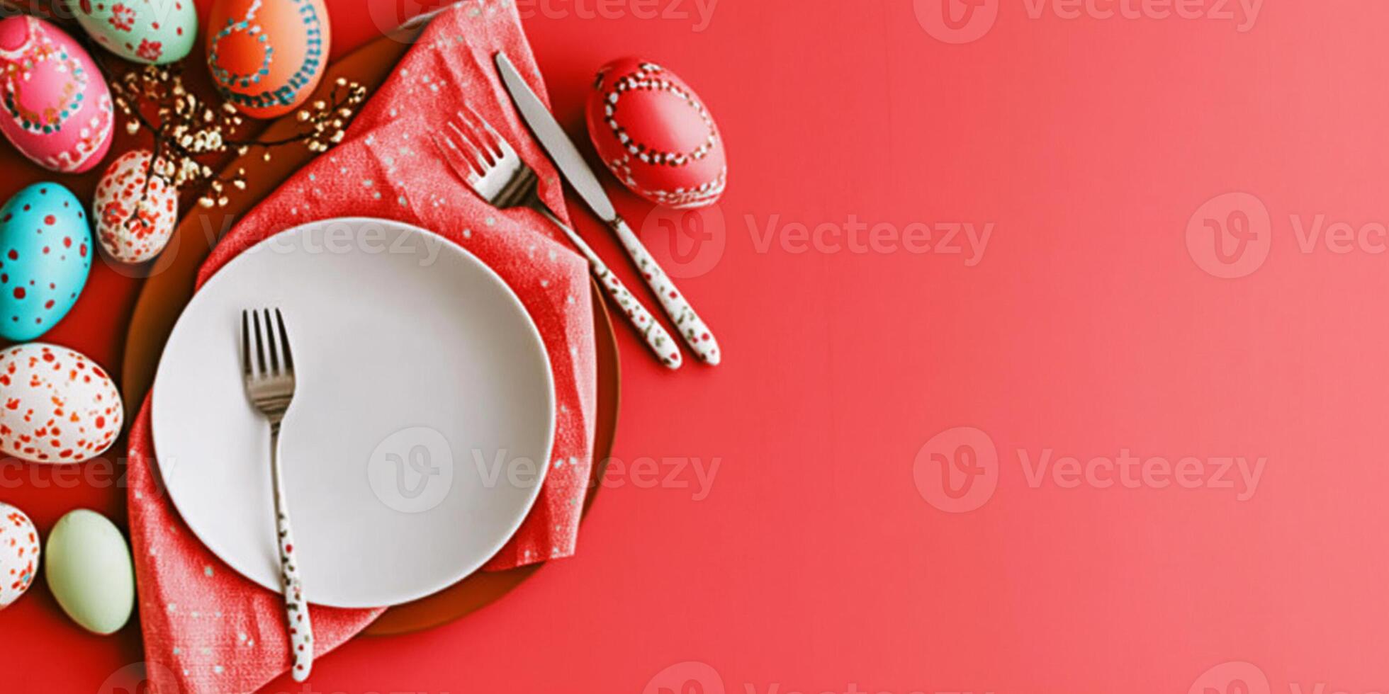 Celebrate Easter with colorful painted eggs and a festive table setting on pastel background photo