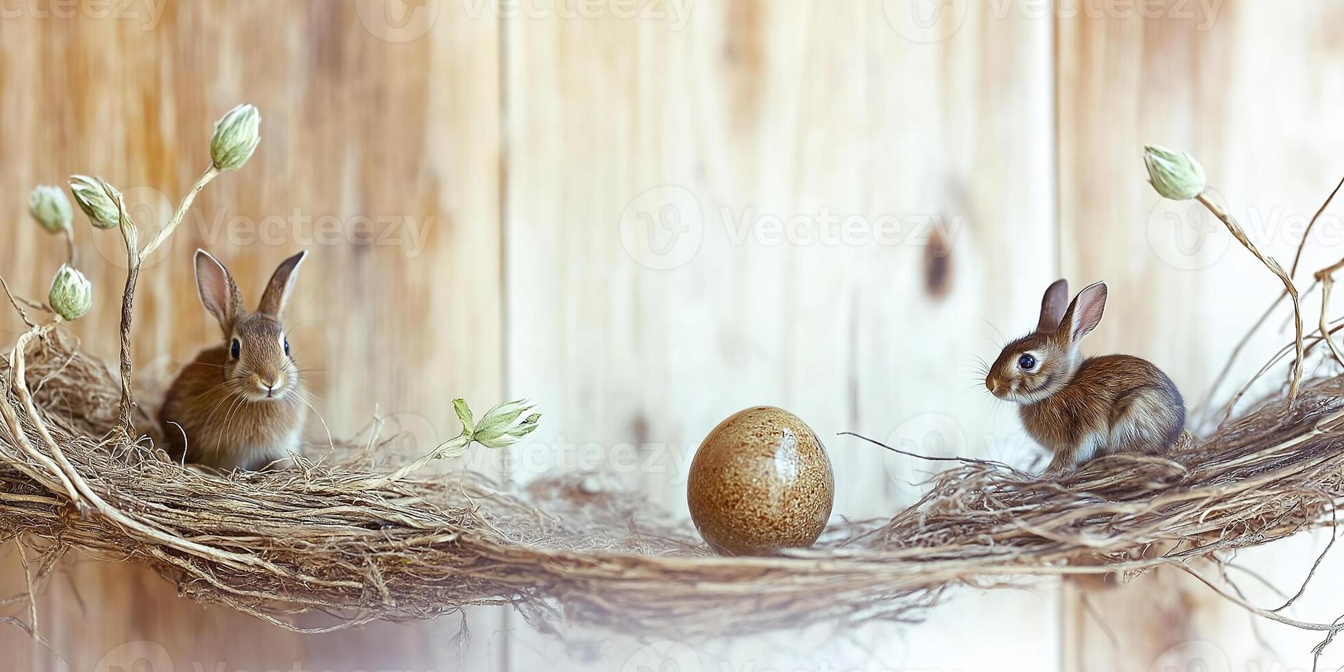 Bronze easter egg and rabbits arranged in a nest of catkins on a rustic wooden table photo