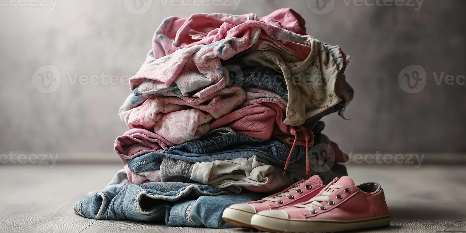 Brightly colored summer clothes neatly piled with shoes on light gray background photo