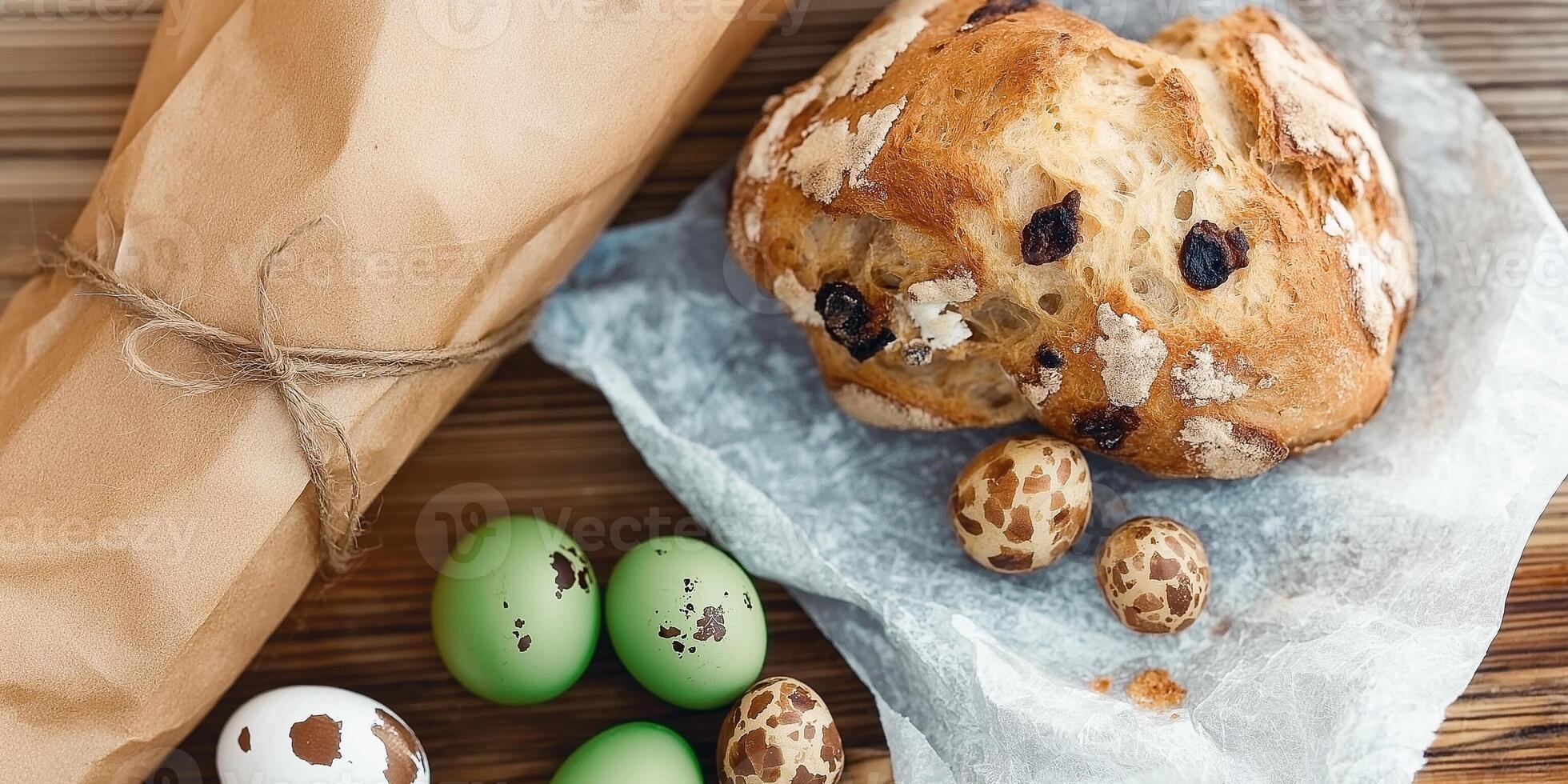 Beautiful Easter bread, quail eggs, and catkins arranged on a rustic table setting photo