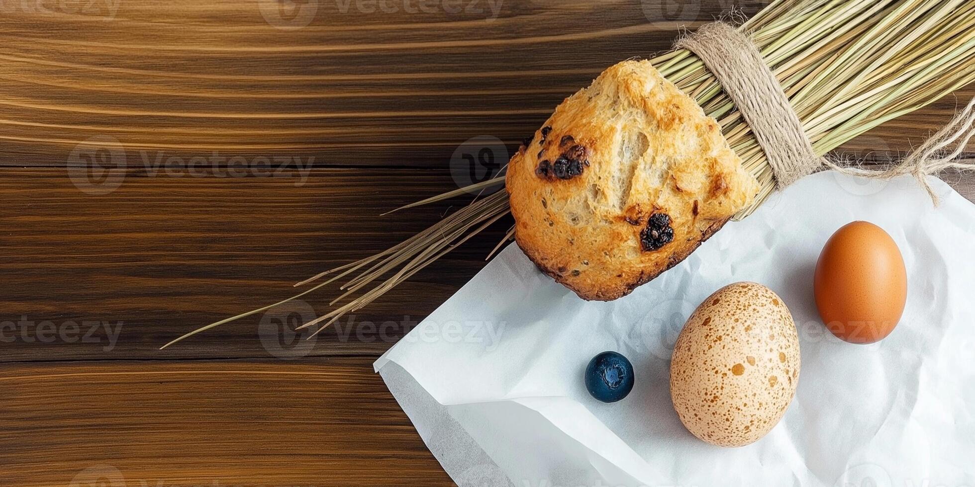 Easter celebration with traditional bread, decorative branches, and colorful eggs on a festive table photo