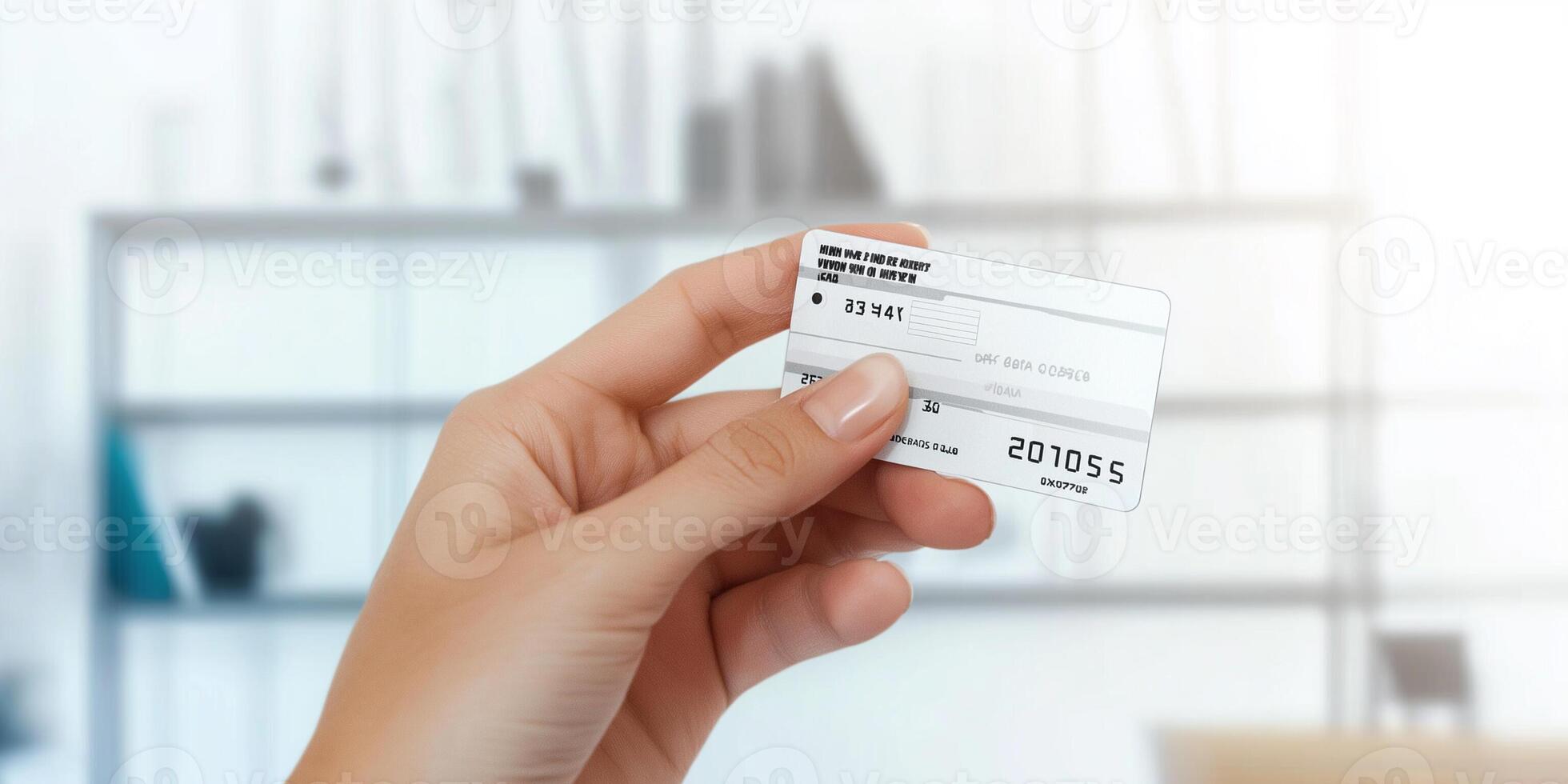 Hand holding bank card in bright office setting with blurred background photo