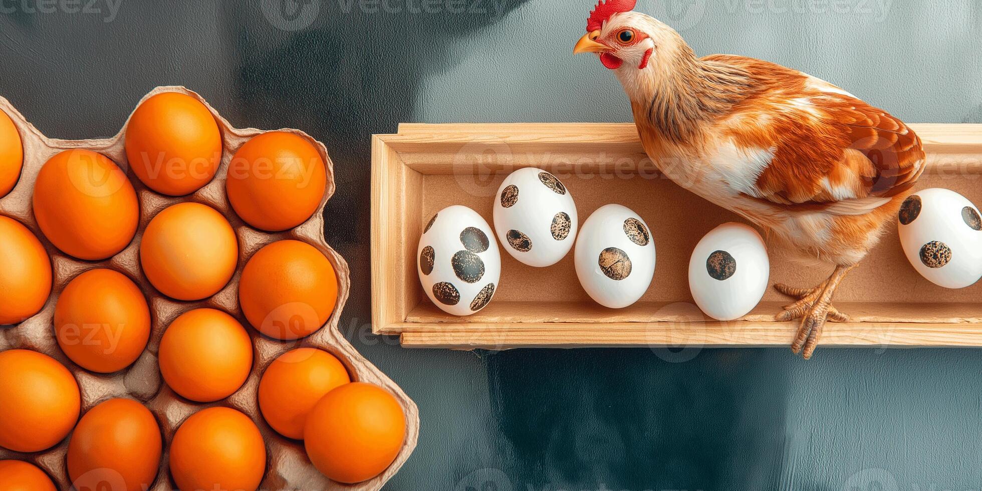 Colorful easter chicken and quail eggs arranged on a table for spring celebration photo