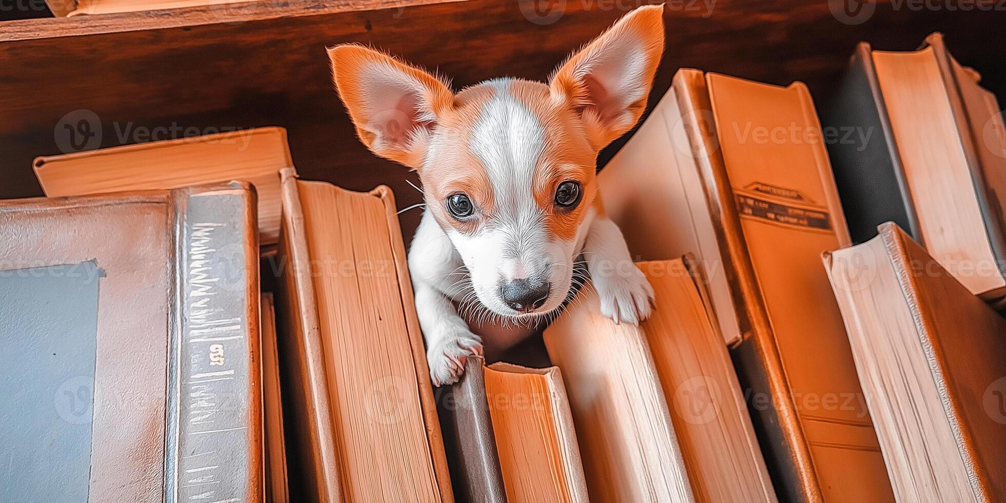 Puppy peeking from between books on a white background in a cozy setting photo