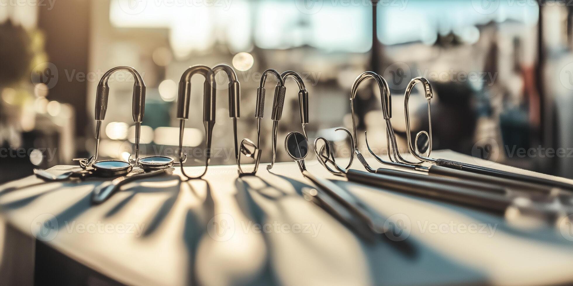 Detailed view of dental instruments in a modern dental office setting during daylight photo