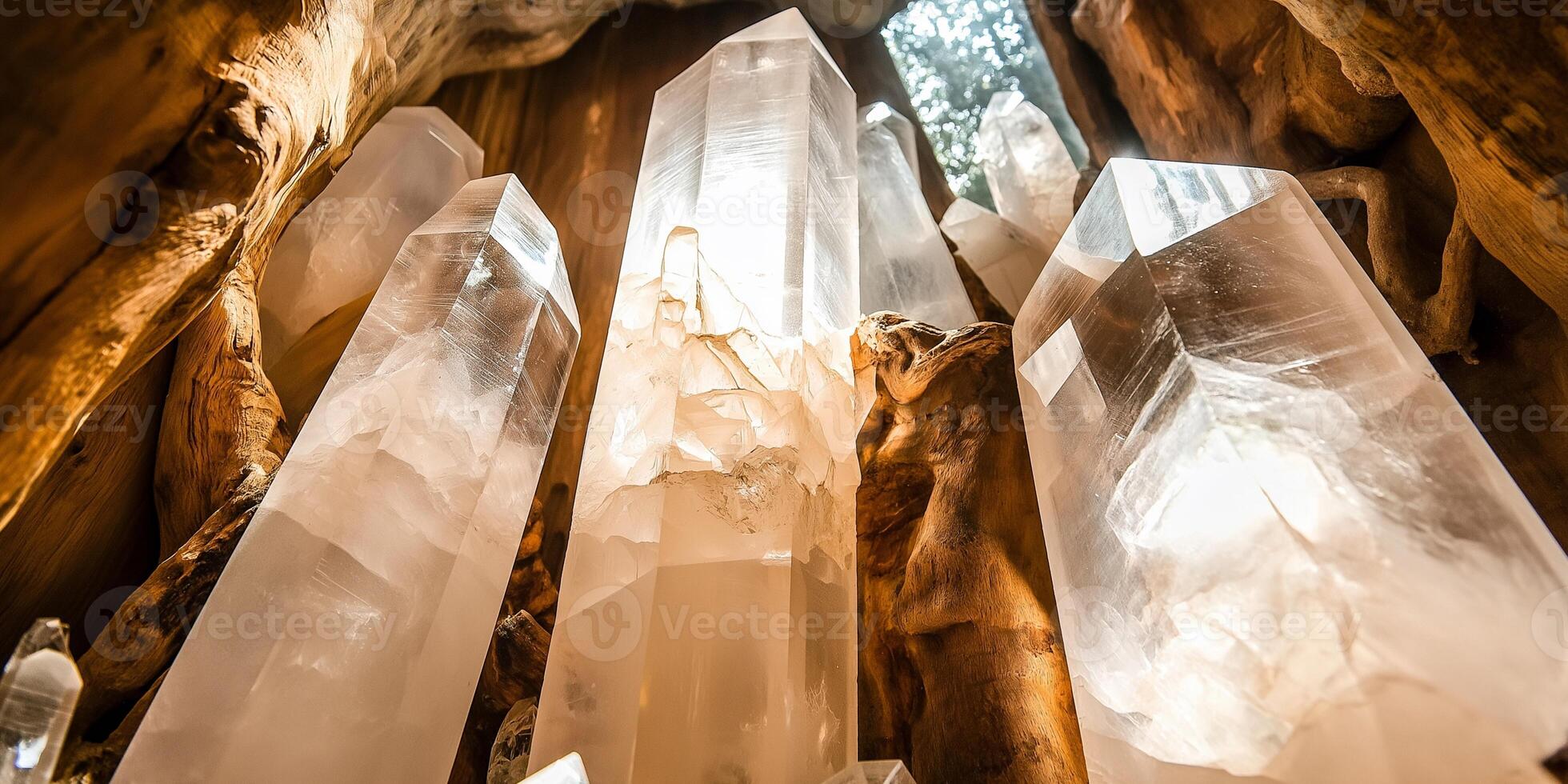 Closeup view of beautiful quartz crystals in a natural still life arrangement in sunlight photo