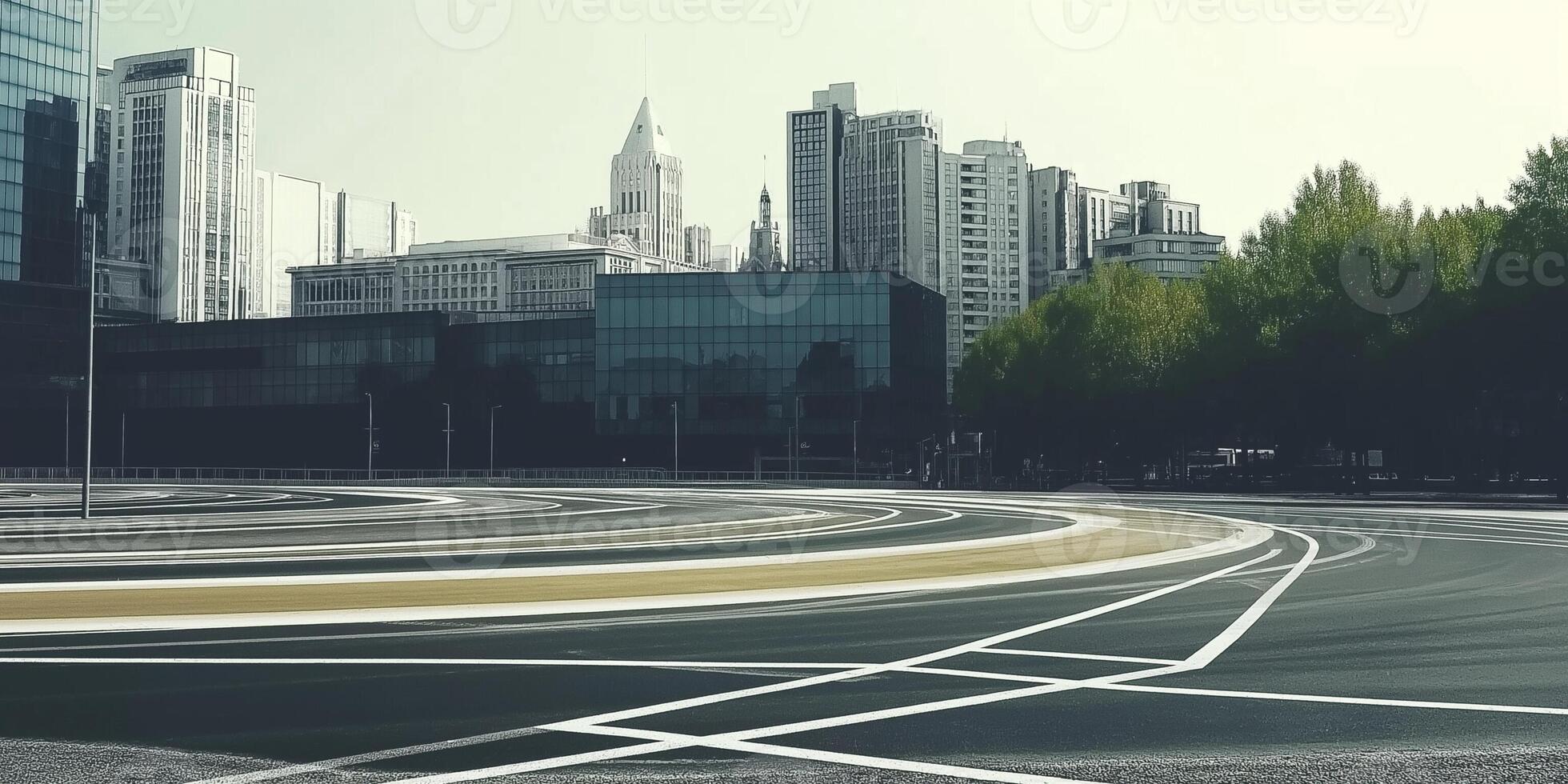 Empty asphalt road winding through a modern city skyline surrounded by tall buildings photo