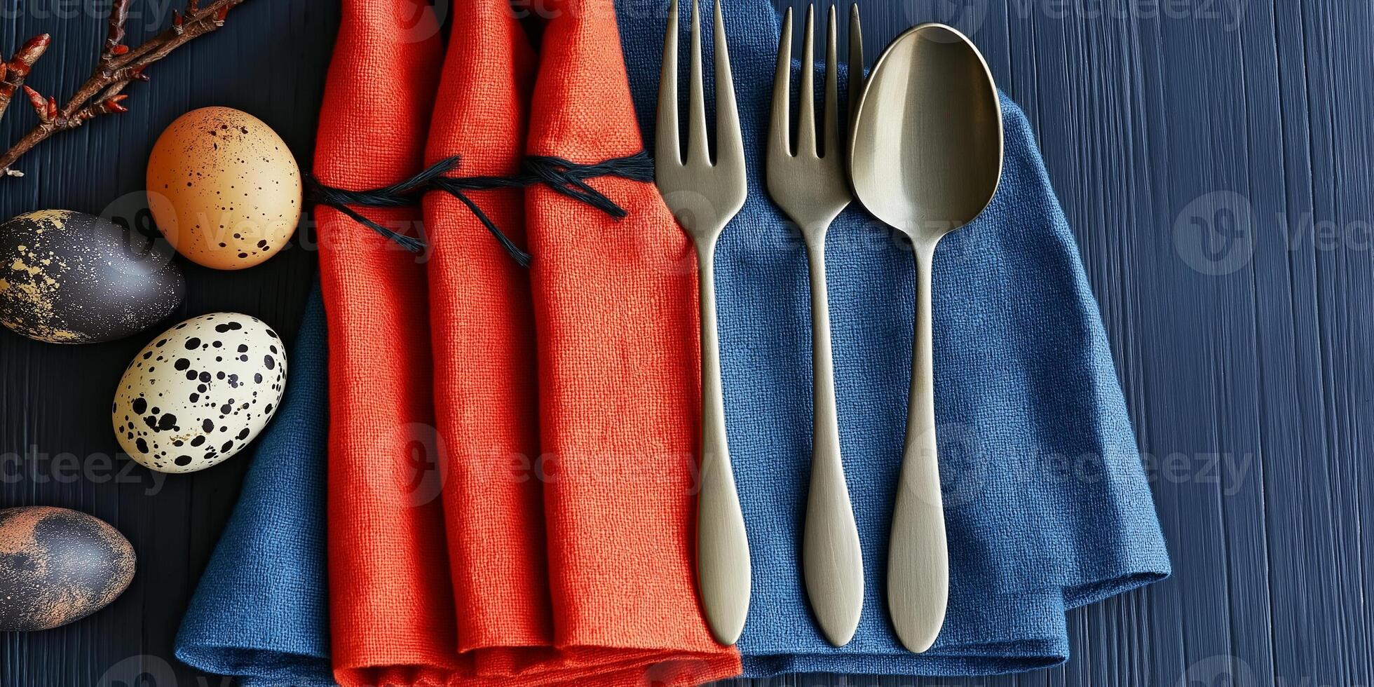 Colorful Easter setting with painted eggs and stylish napkins on dark blue table photo
