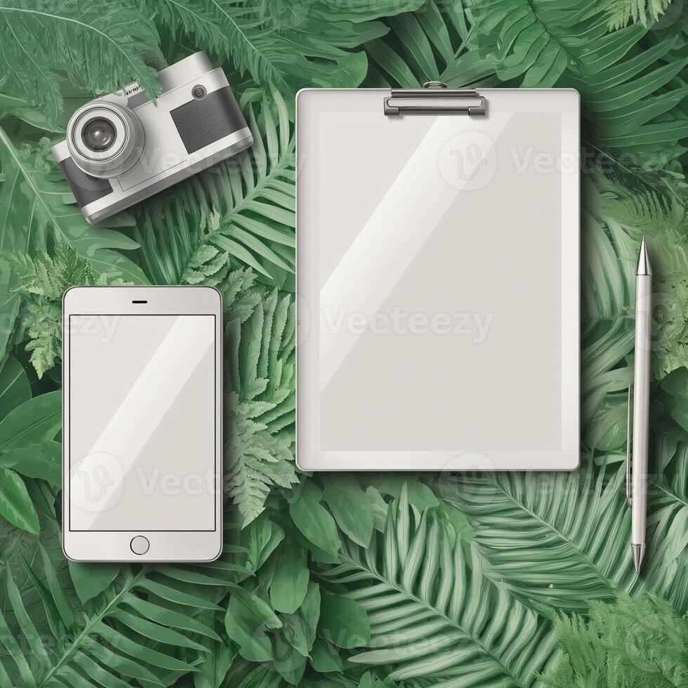 Creative workspace layout with camera, smartphone, clipboard, and pen on leafy background photo