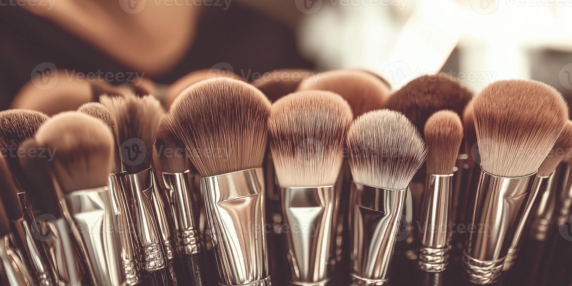 Professional make up brushes displayed neatly at a beauty salon for client use photo