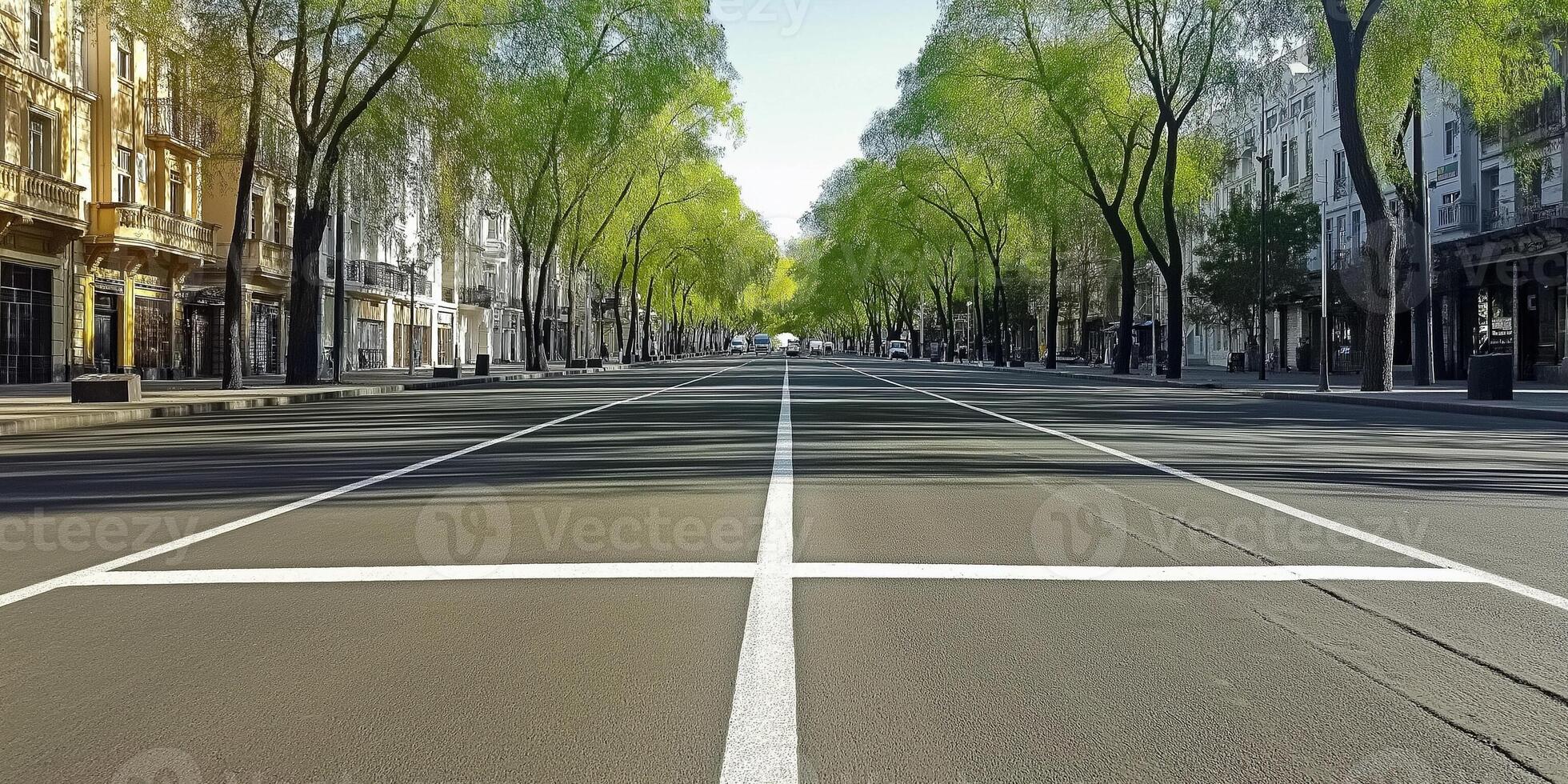 Empty asphalt road lined with trees through a modern urban setting in daylight photo