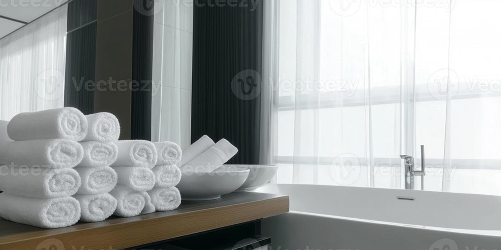 Freshly folded towels are neatly arranged on a bathroom table by a large window photo
