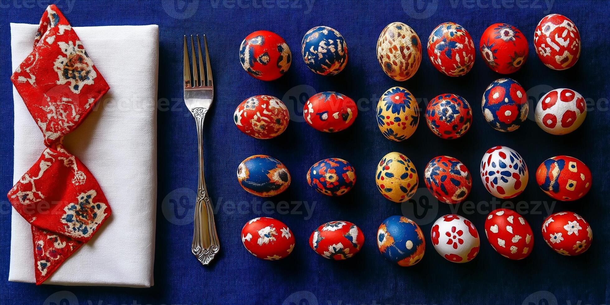 Brightly painted Easter eggs arranged on dark blue background with a napkin and fork photo