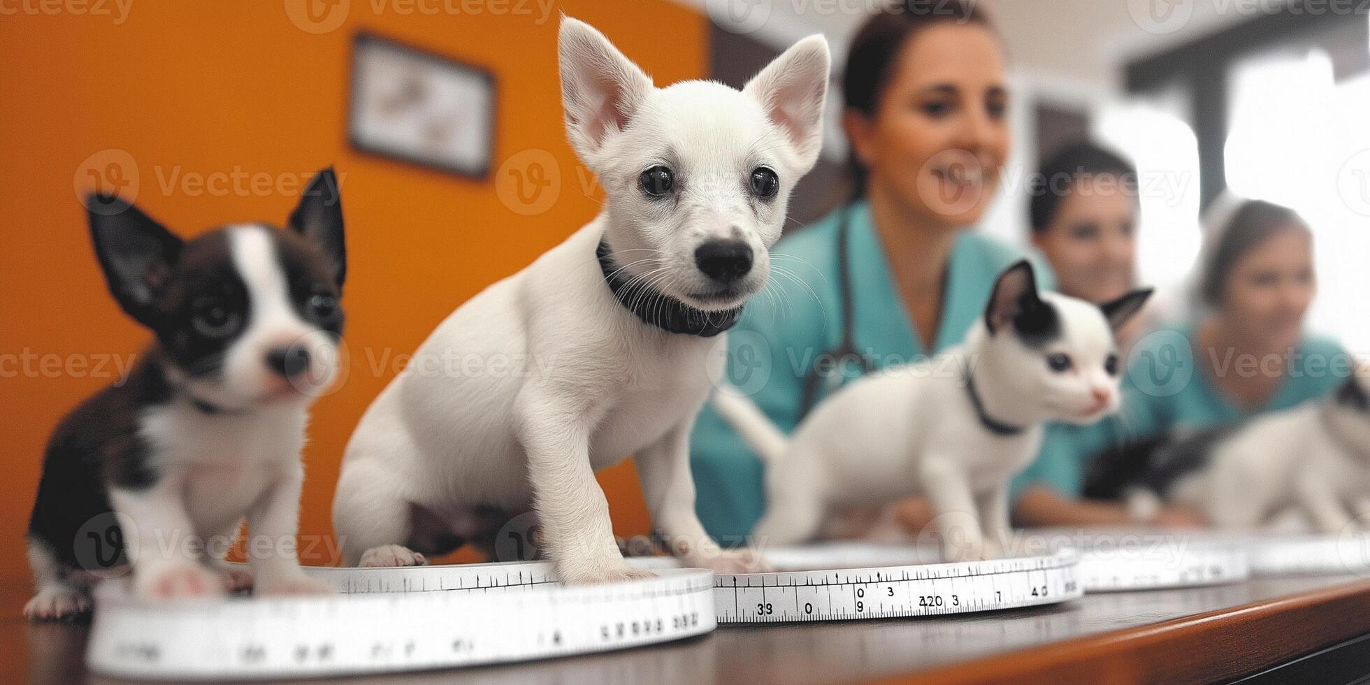 Veterinarian assists with puppy and kitten checkup at animal clinic during routine vaccination visit photo