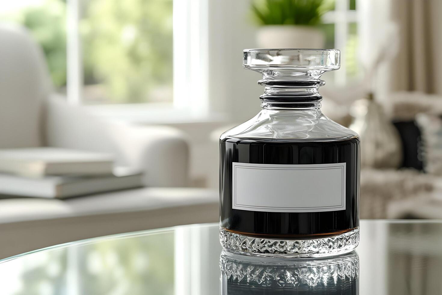 Dark liquid in a crystal decanter on a glass table. photo