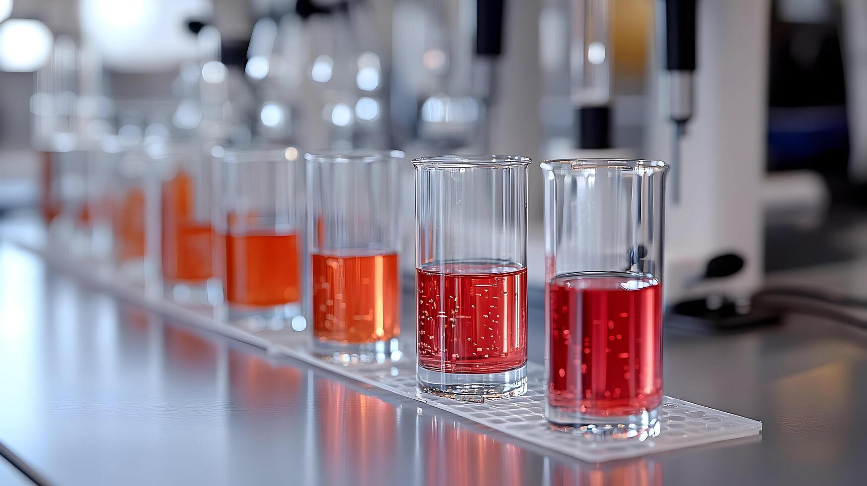 Color gradient liquids in glass beakers on lab tray. photo