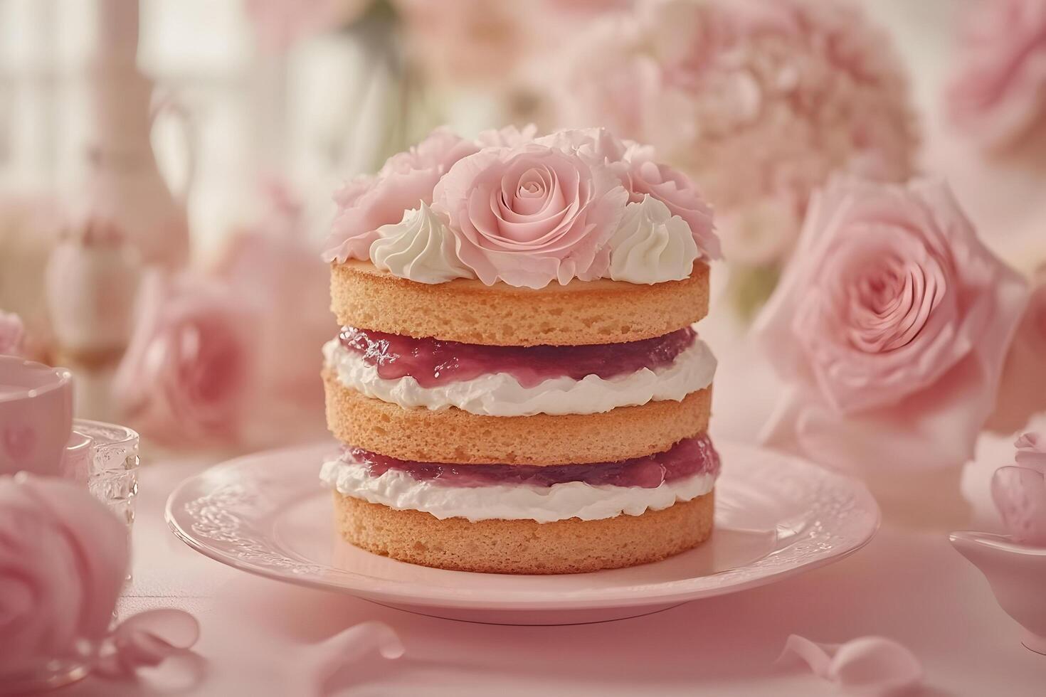 Delicious three-layered cake decorated with pink roses and cream. photo