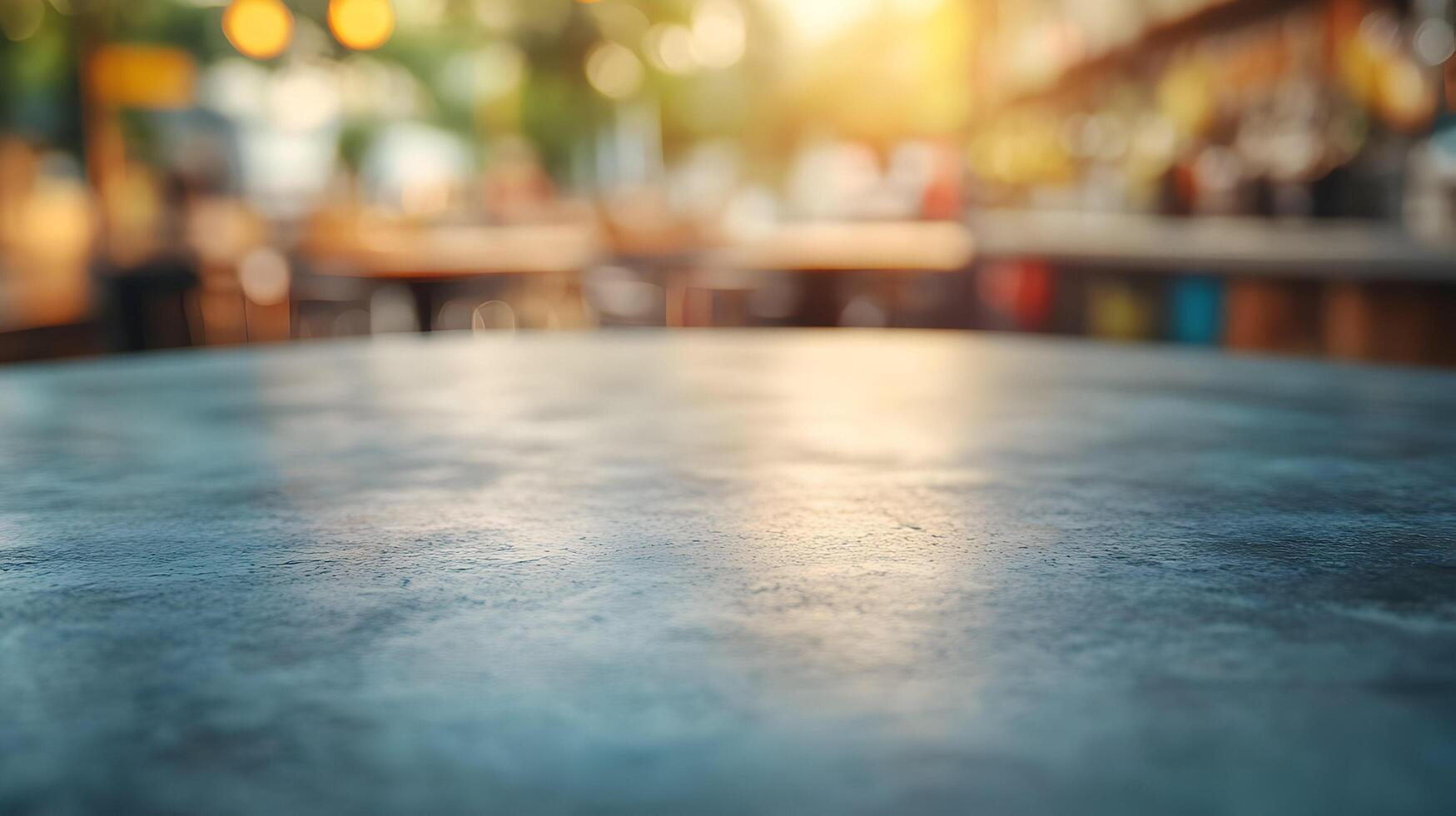 Empty dark gray table in blurry cafe. photo