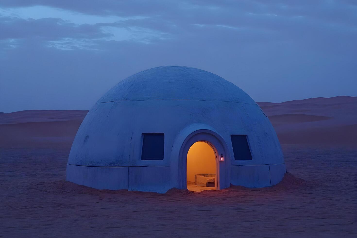 Dome-shaped desert dwelling illuminated at twilight. photo