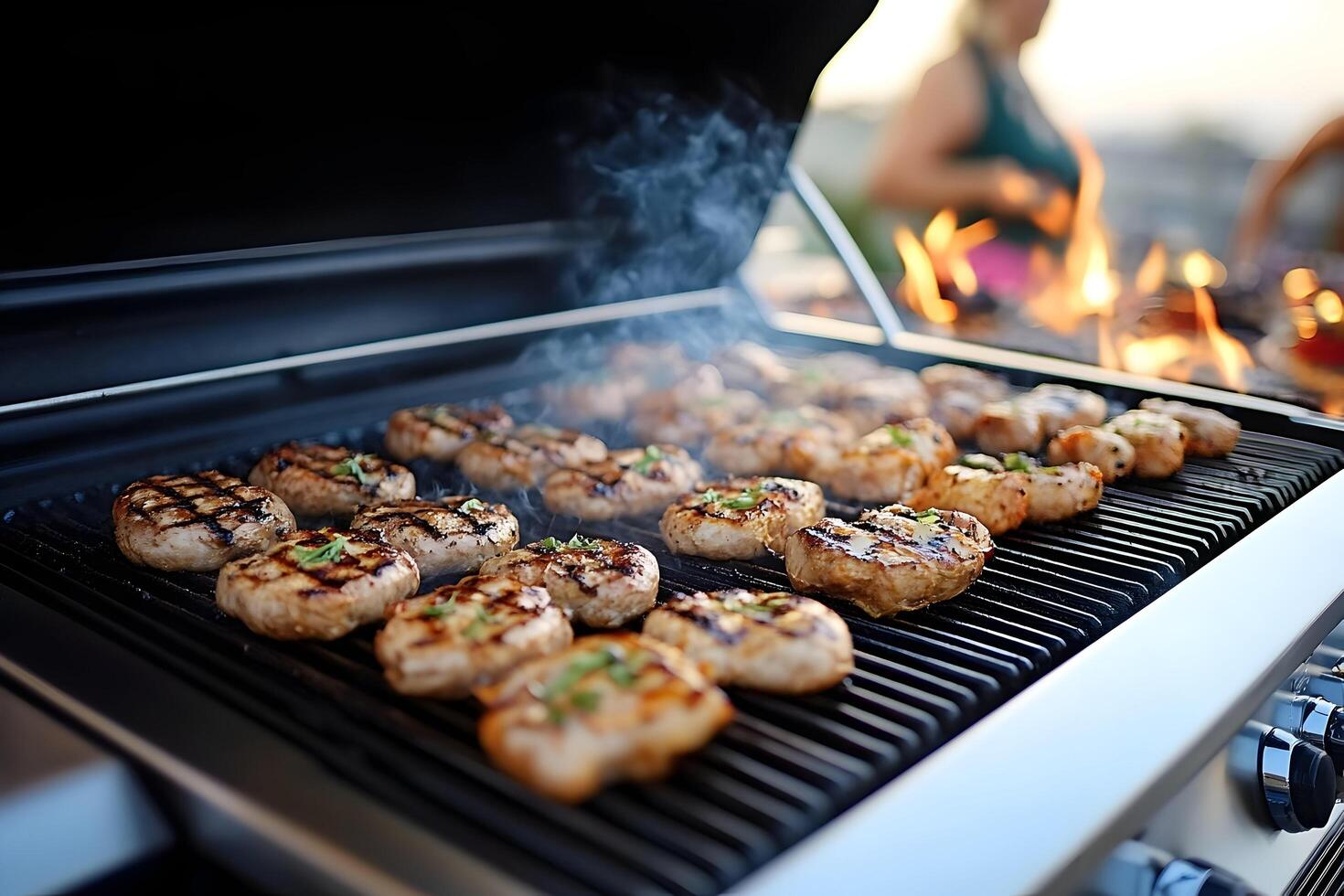 Delicious grilled meat cooking on a barbecue. photo