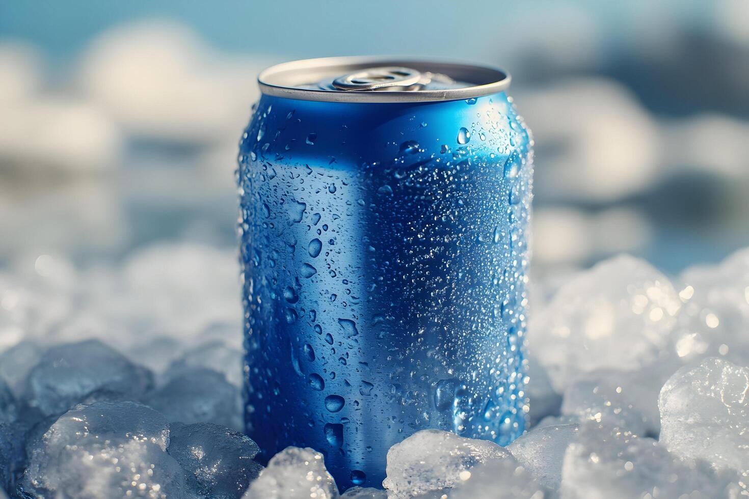 Cold blue aluminum can in ice. photo