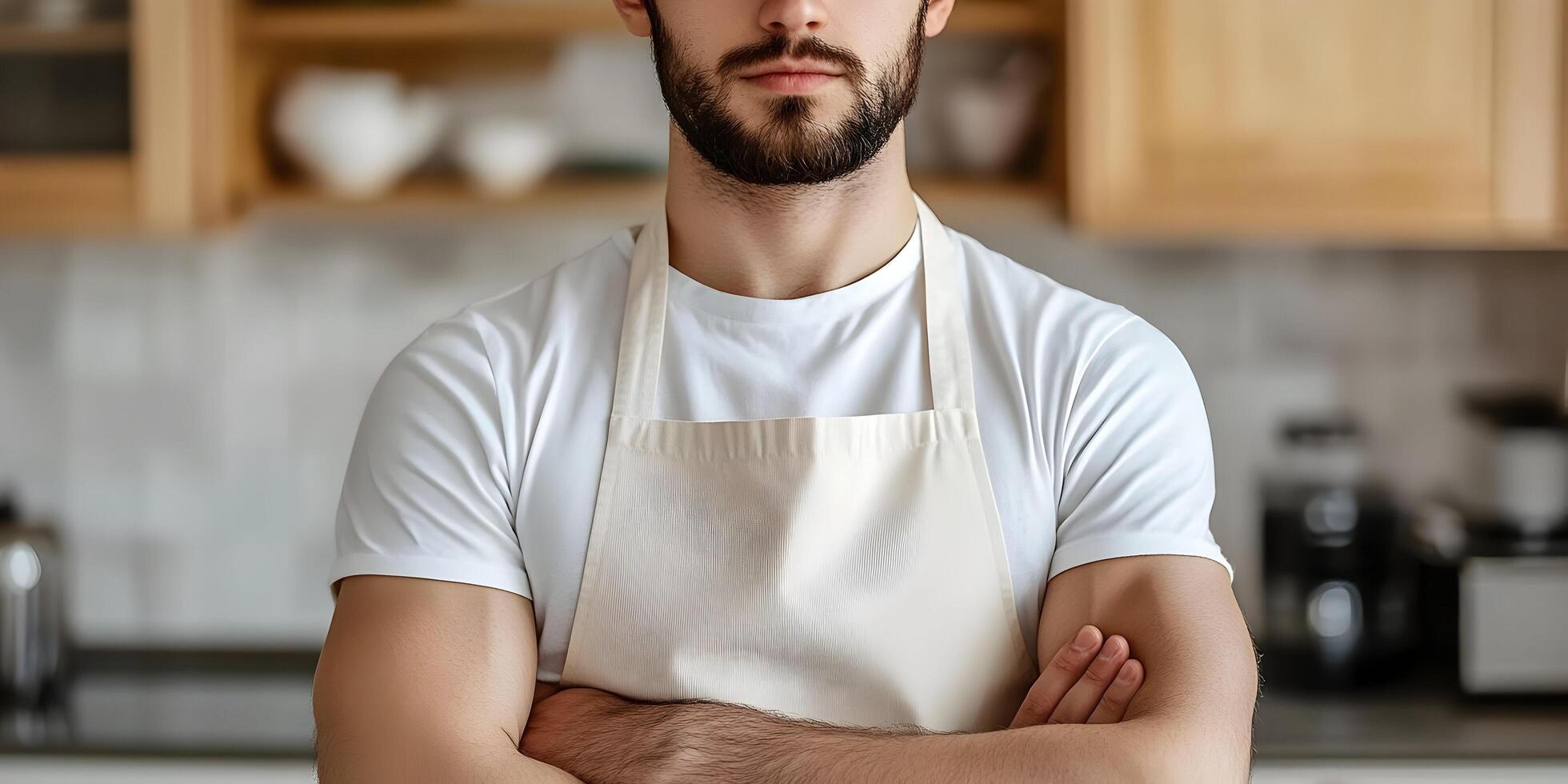 Confident man in apron, arms crossed in kitchen. photo