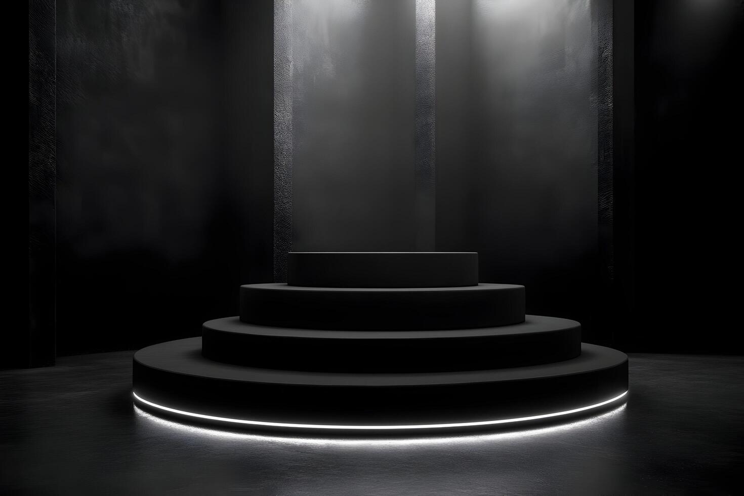 Dark room with circular platform, illuminated base. photo