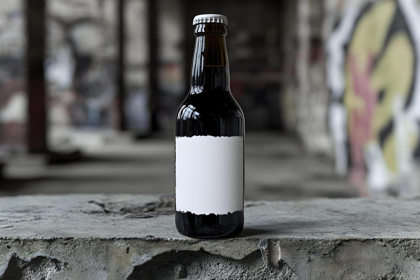 Dark beer bottle with blank label on grunge background. photo