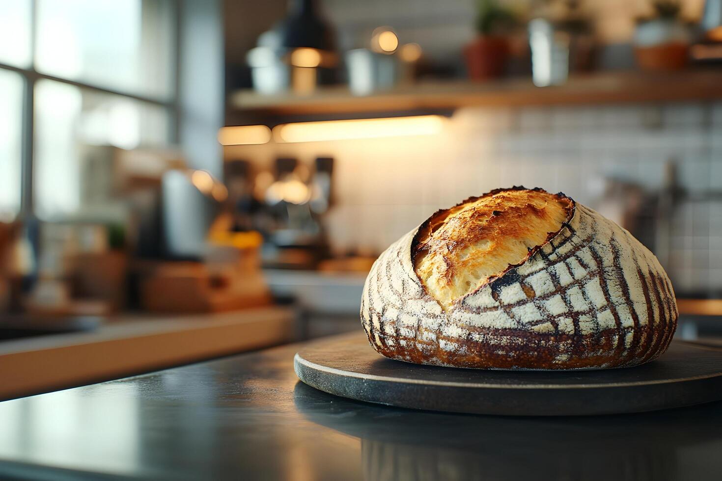 Crusty sourdough bread on kitchen counter. photo