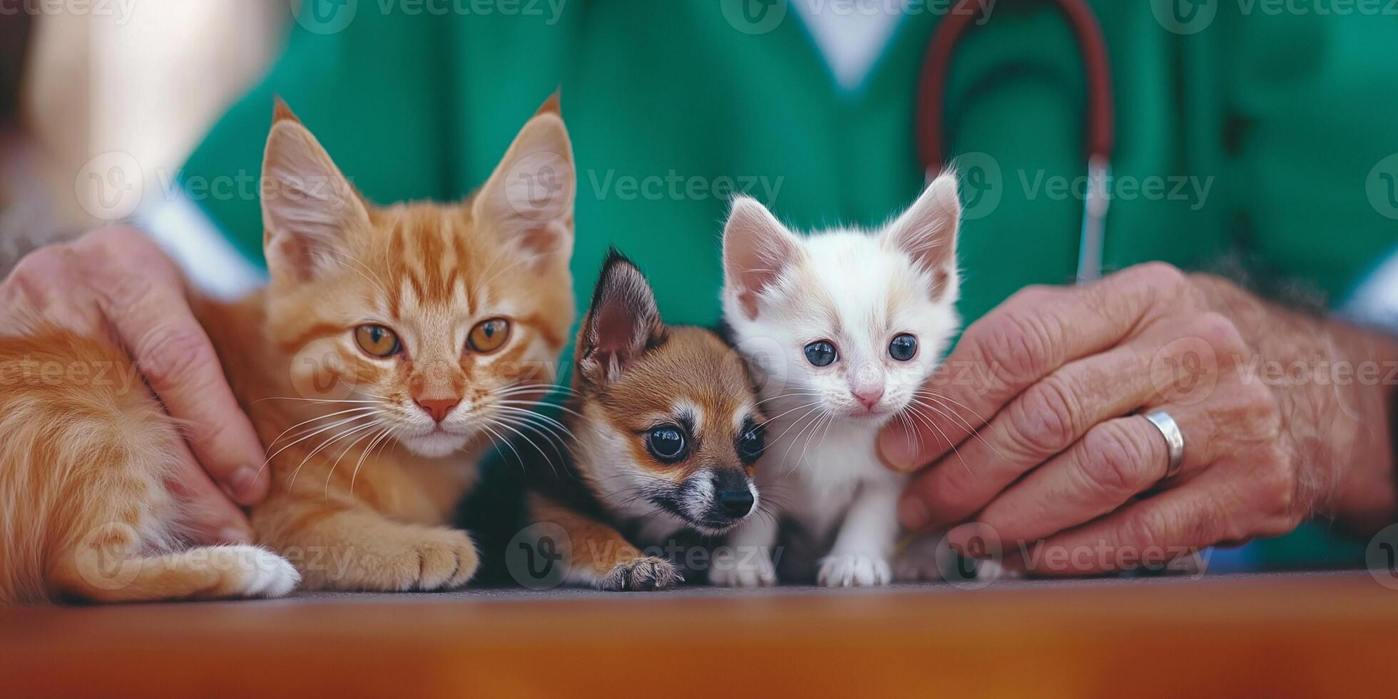 Close-up view of a doctor holding a kitten and a small dog in a caring moment photo