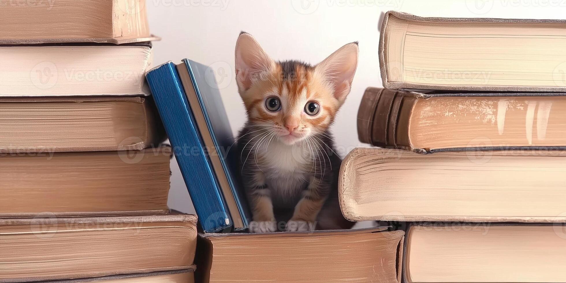Cute kitten peeking out from between stacks of books on a white background photo