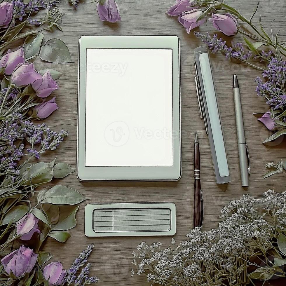 Elegant workspace setup with blank tablet and stationery surrounded by flowers photo