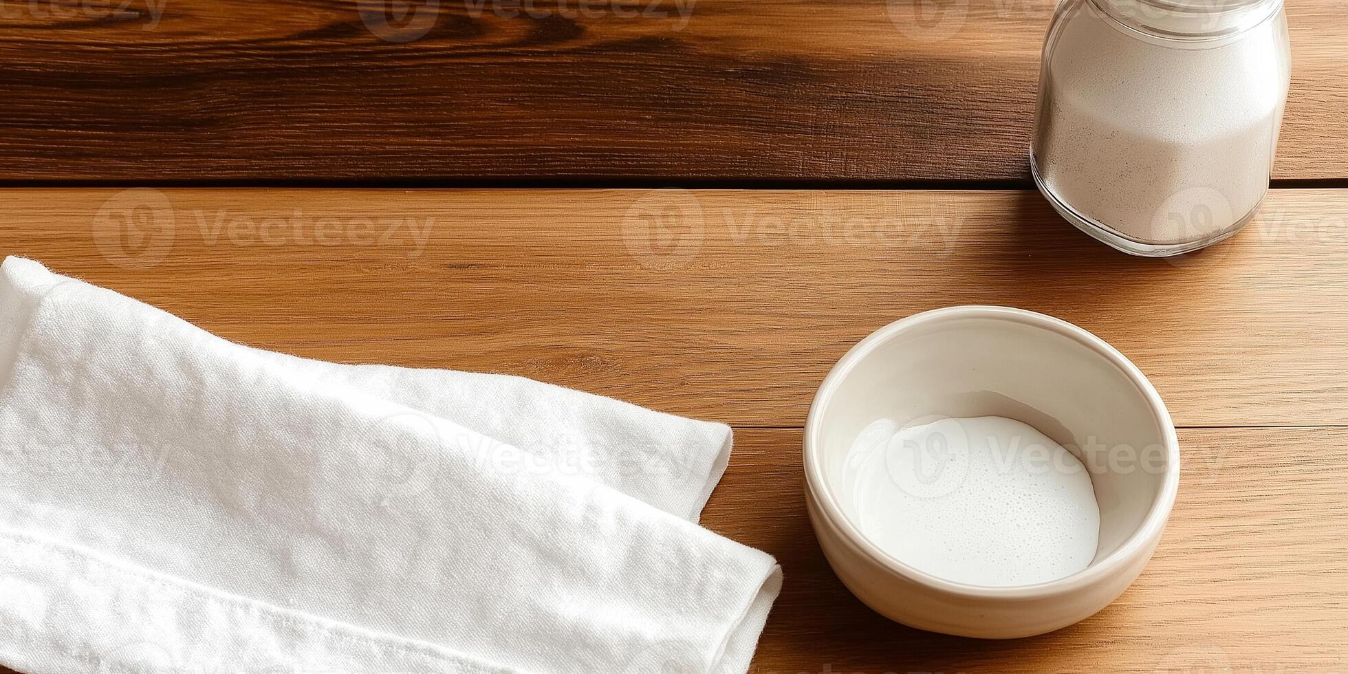 Clean napkin and bowl of sugar on wooden table ready for dining experience photo
