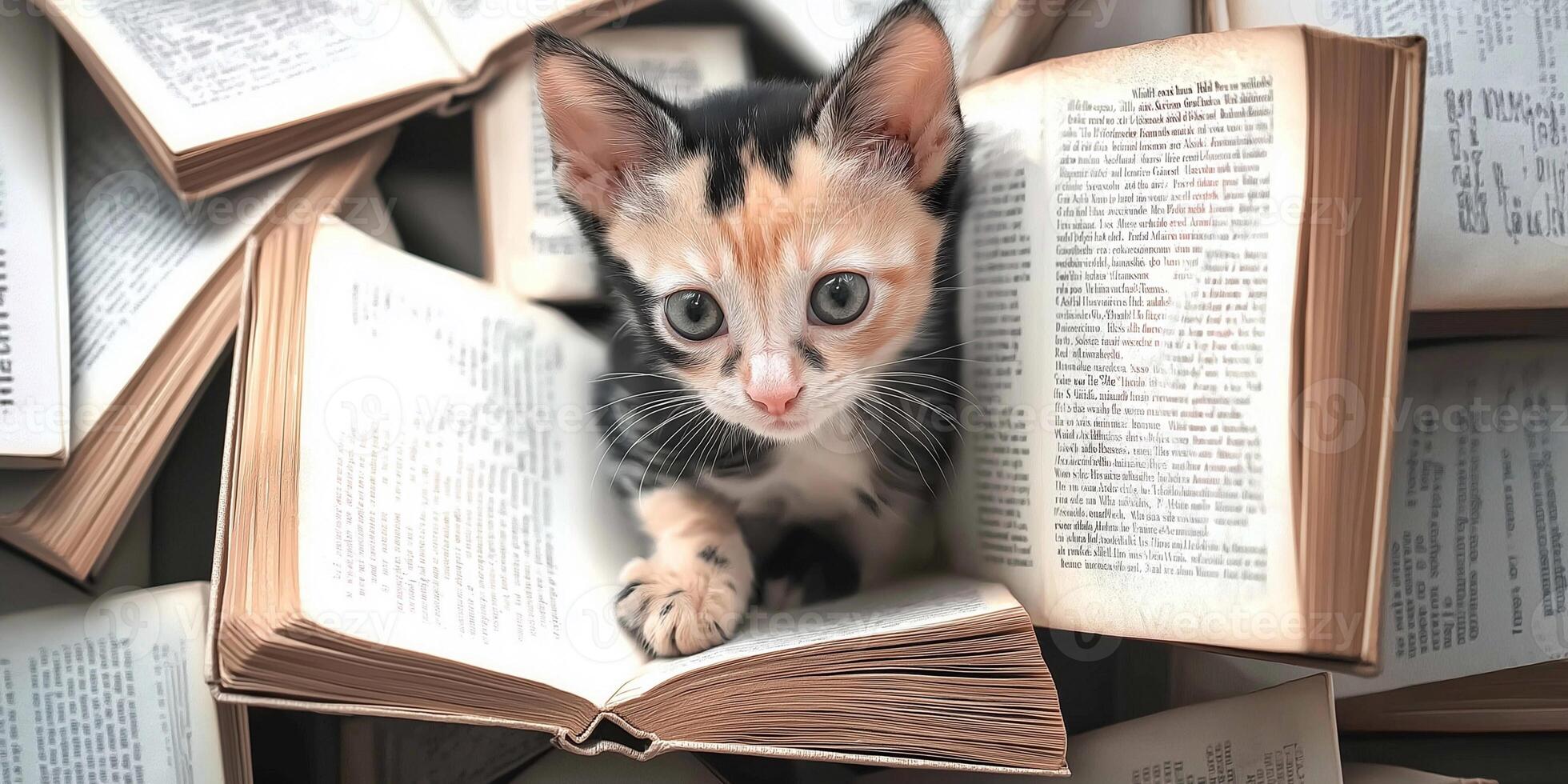 Cute kitten nestled among open books on a white background creating a cozy reading atmosphere photo